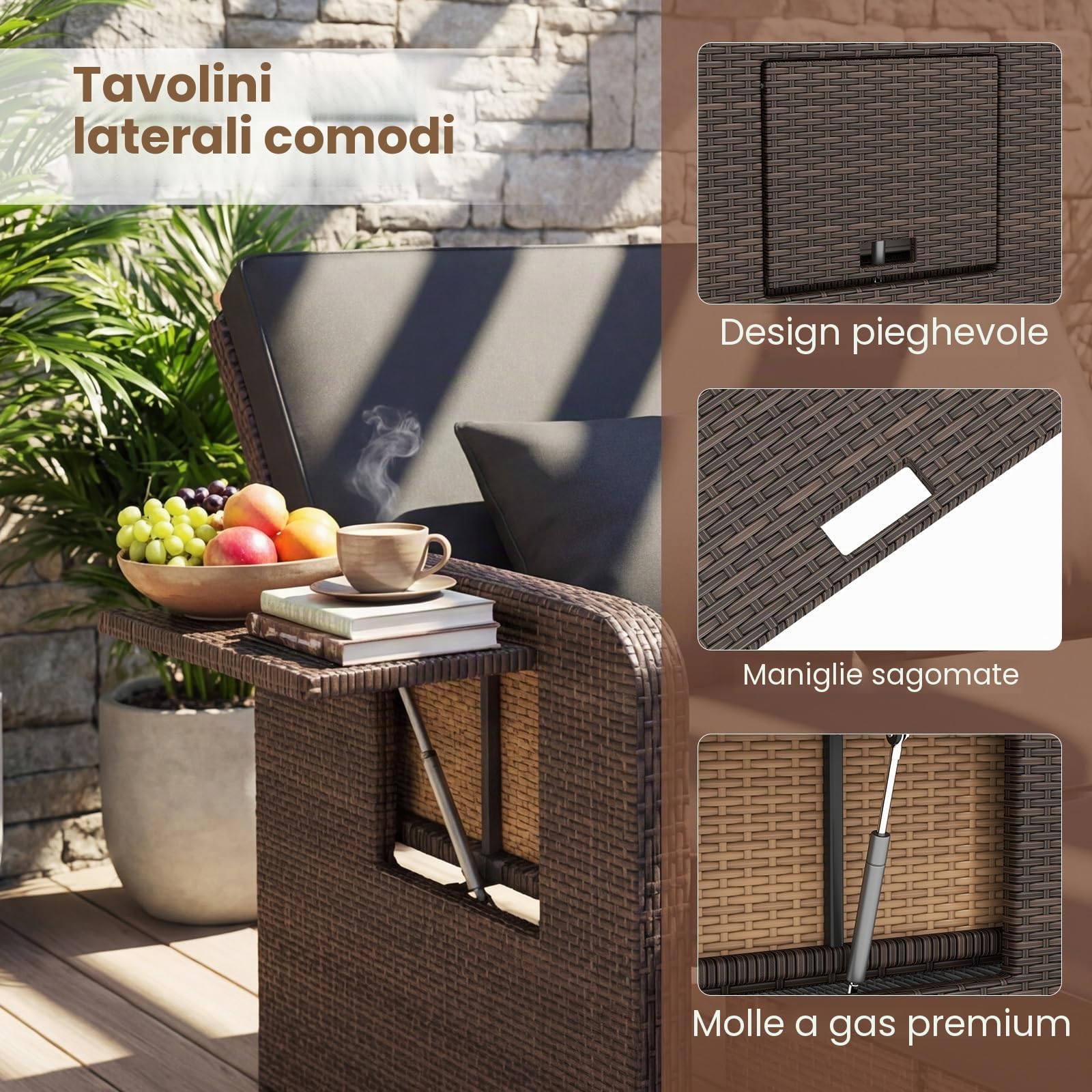 GIANTEX Divano da Giardino in Rattan con Poggiapiedi, Doppio Divano da Esterno con Schienale Regolabile, Mobili da Giardino per Terrazza, Balcone, Cortile | Design 3 in 1