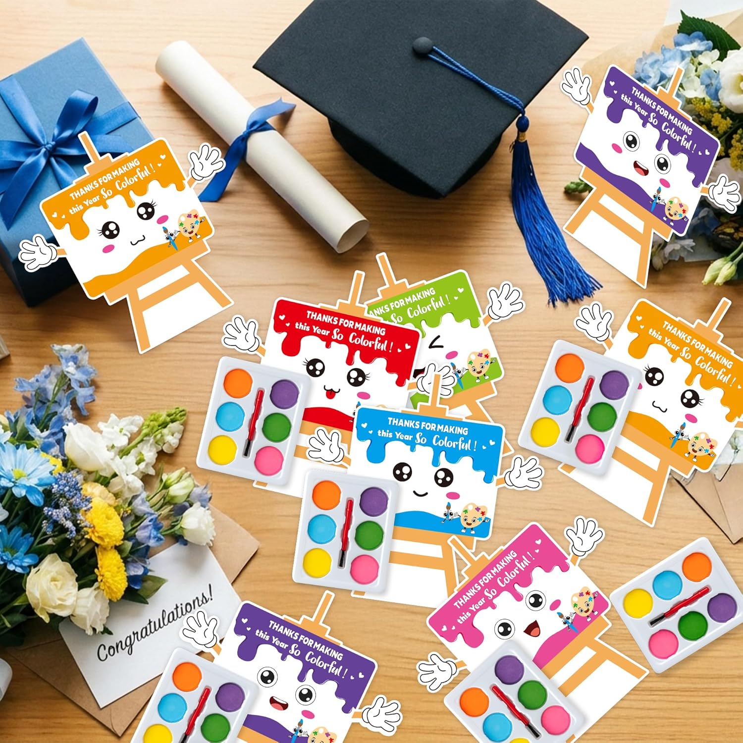K1tpde 24 Pack End of the Year Watercolor Paint Set with Easel-Shaped Greeting Card for Kids, Bulk Exchange Gift for Boys Girls School Classroom Prizes, DIY Mini Paint Set Funny Graduation Party Favor