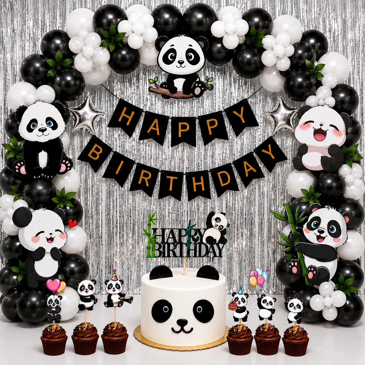 Partyjoy Panda Theme Birthday Decoration Kit for Kids, Happy Birthday Banner, Cake Topper, Cupcake Toppers, Balloons (With balloons)-image-13