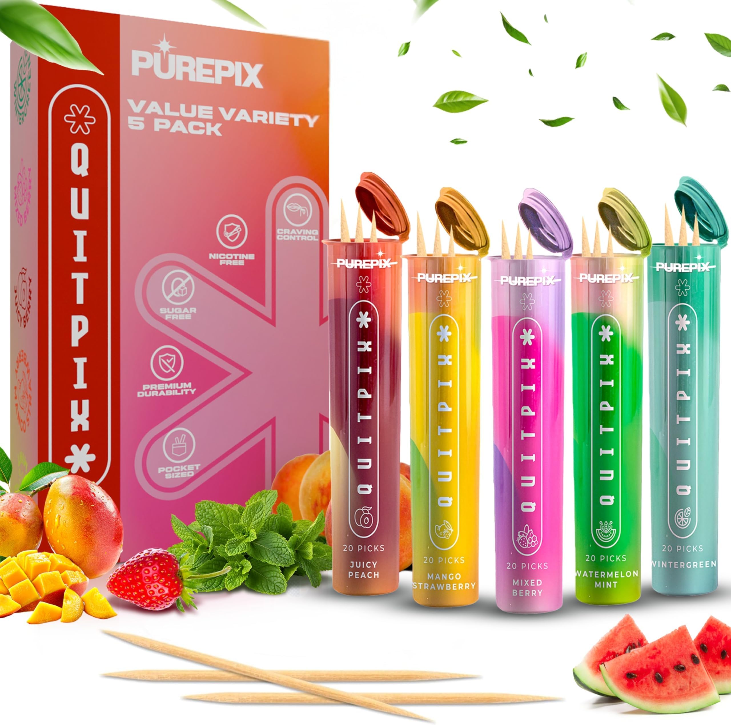 QuitPix Flavored Toothpicks for Oral Fixation (5 Flavor Variety, 100ct) Extra Thick Infused Toothpicks with NAC & L-Theanine - Nic-Free Alternative to Help Quit Smoking - Kosher, Vegan, Made in USA