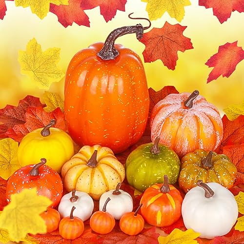 Draupnir 45 piezas de decoración de otoño  15 mini calabazas y 30 hojas de otoño de varios tamaños, calabazas artificiales para Halloween, Acción de