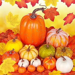 Draupnir Juego de Calabazas Artificiales Otoño, 15 Piezas Falsas Calabaza con 30 Hojas de Arce Artificiales, Calabazas Decoración de Otoño para Acción Gracias, Halloween, Navidad