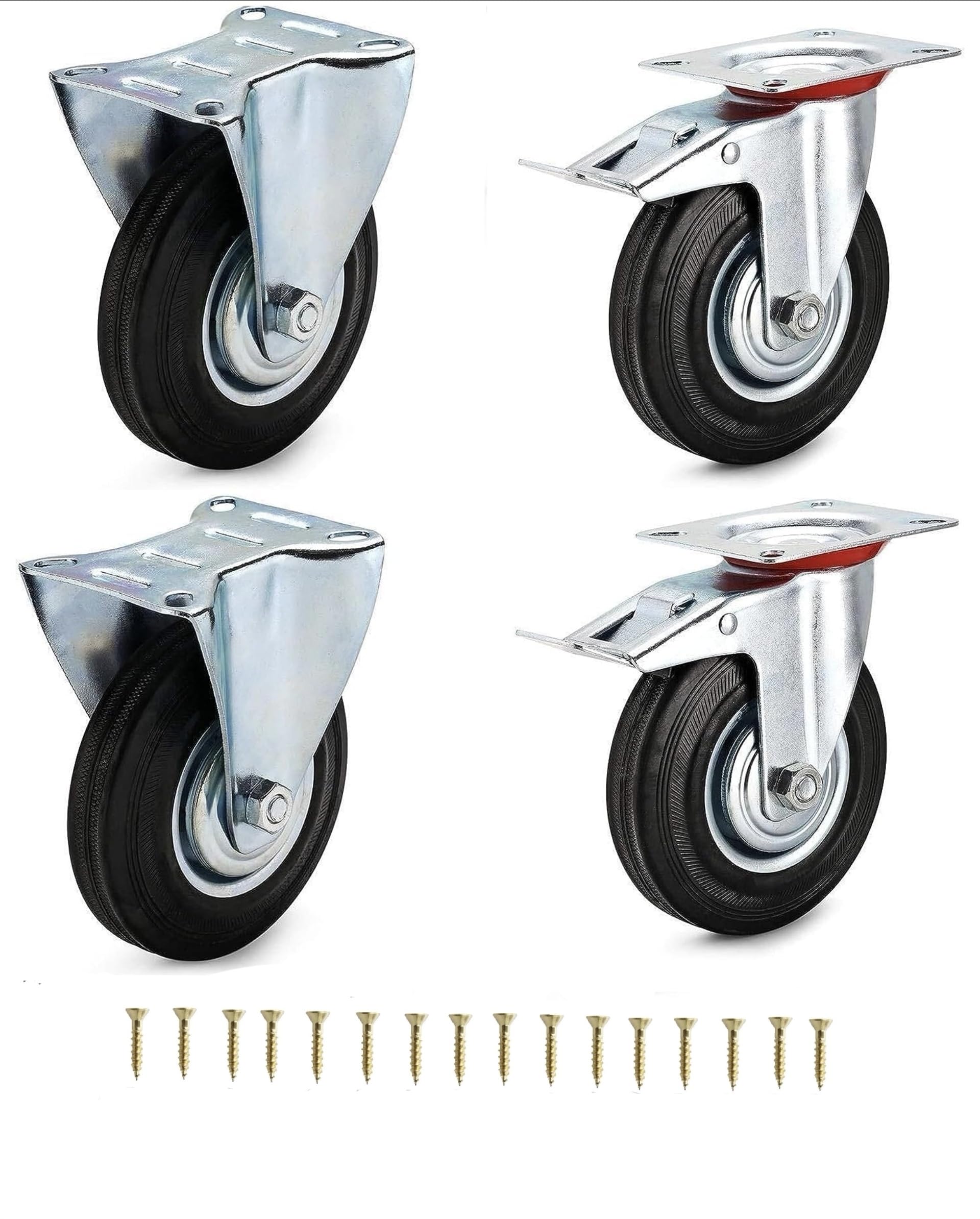 Set da 4 Ruote 100 mm (2 Fisse + 2 Girevoli con Freno) - Rotelle pivontanti per mobili,4 Ruote Carico 280 kg - Ruote girevoli per uso interno ed esterno - Rotelle piroettanti