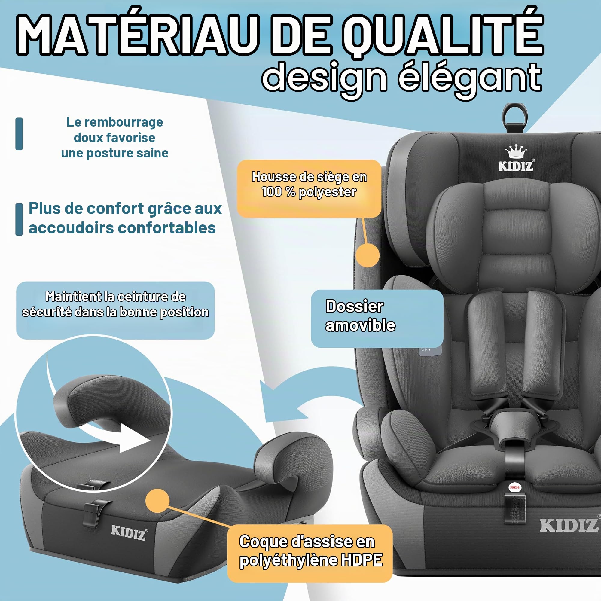 KIDIZ® Siège auto pour enfant avec Isofix i-Size R129 de 100 à 150 cm jusqu'à 12 ans, groupe 1/2/3, siège auto grandit, harnais 5 points et appuie-tête réglable en hauteur, gris