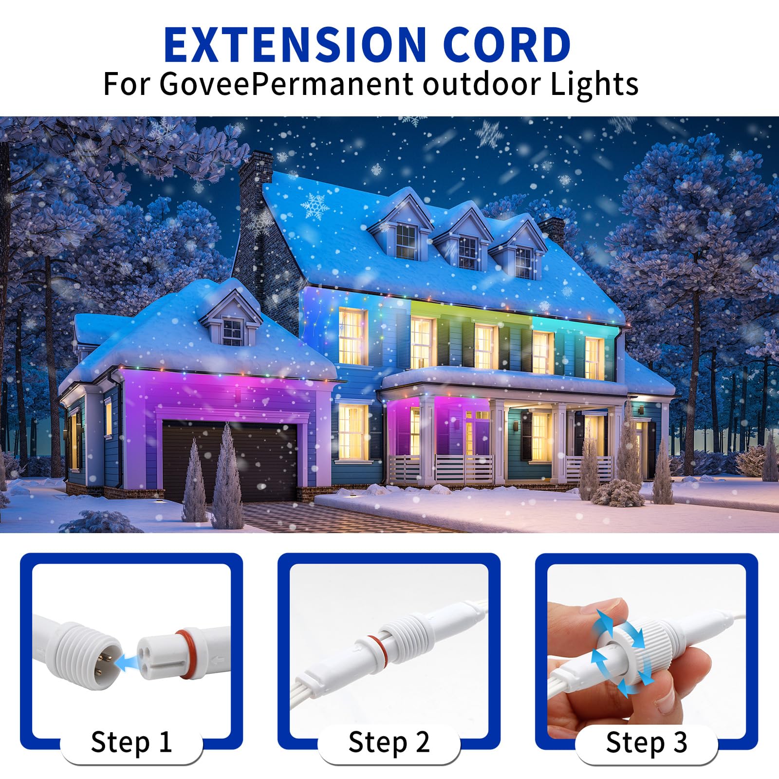 Cable de extensión para exteriores de 9.8 pies para luces Govee, cable divisor en Y impermeable IP68 de 3 pines, cable de alimentación de iluminación permanente para patio, jardín, techo, decoración