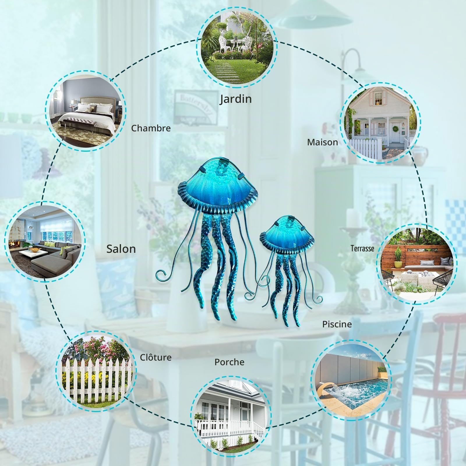 LIFFY Méduse en métal - Décoration murale à suspendre pour la maison, la piscine, la plage, la terrasse, le jardin, la maison (38,1 cm, 25,4 cm)