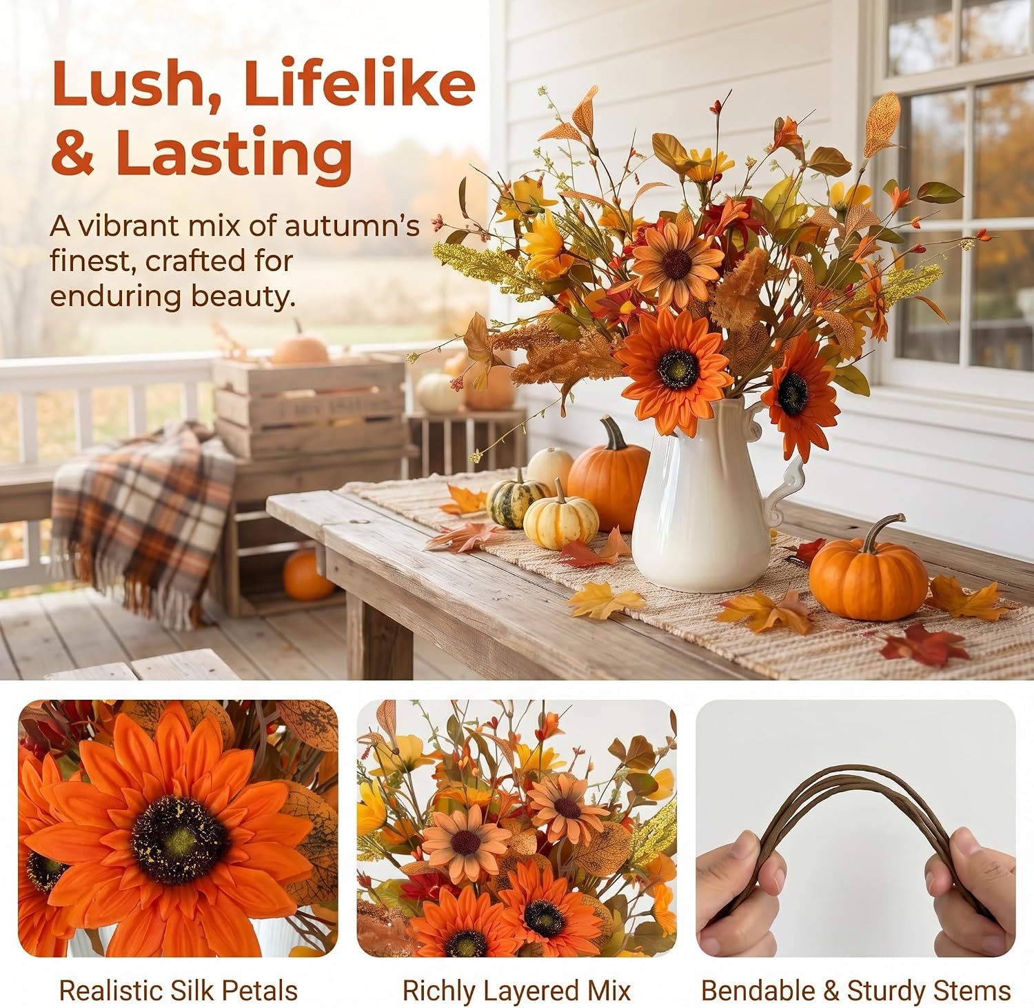 Fall Artificial Sunflower Bouquet Silk Floral Stems Thanksgiving Vase Decor image 3