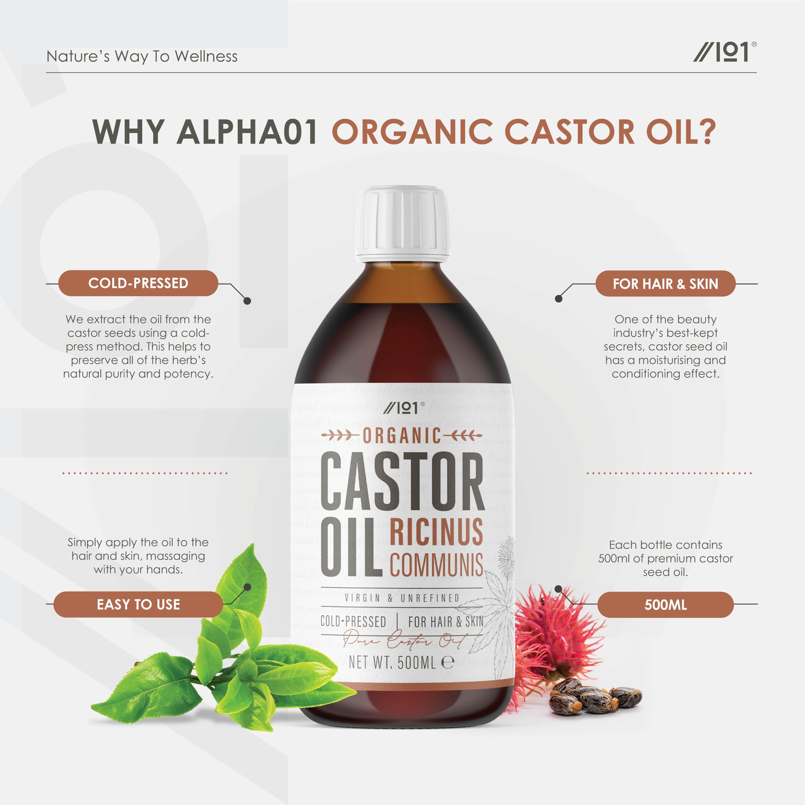 Organic Castor Oil 500ml - 100% Unrefind & Cold Pressed - Hexane Free - for Skin & Hair - Sustainably Sourced - By Alpha01 - Image 2