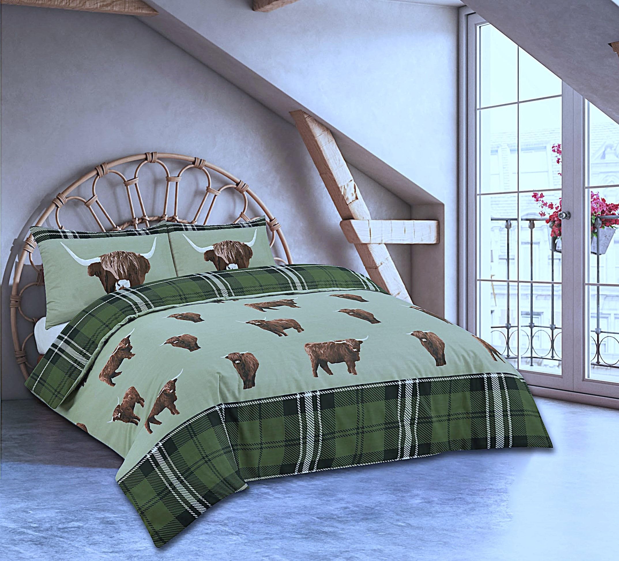 Charlotte Andersen Green, Brown, Black, White Green Highland Cow Single Duvet Cover Set Reversible Polycotton Tartan Check Bedding (Single)