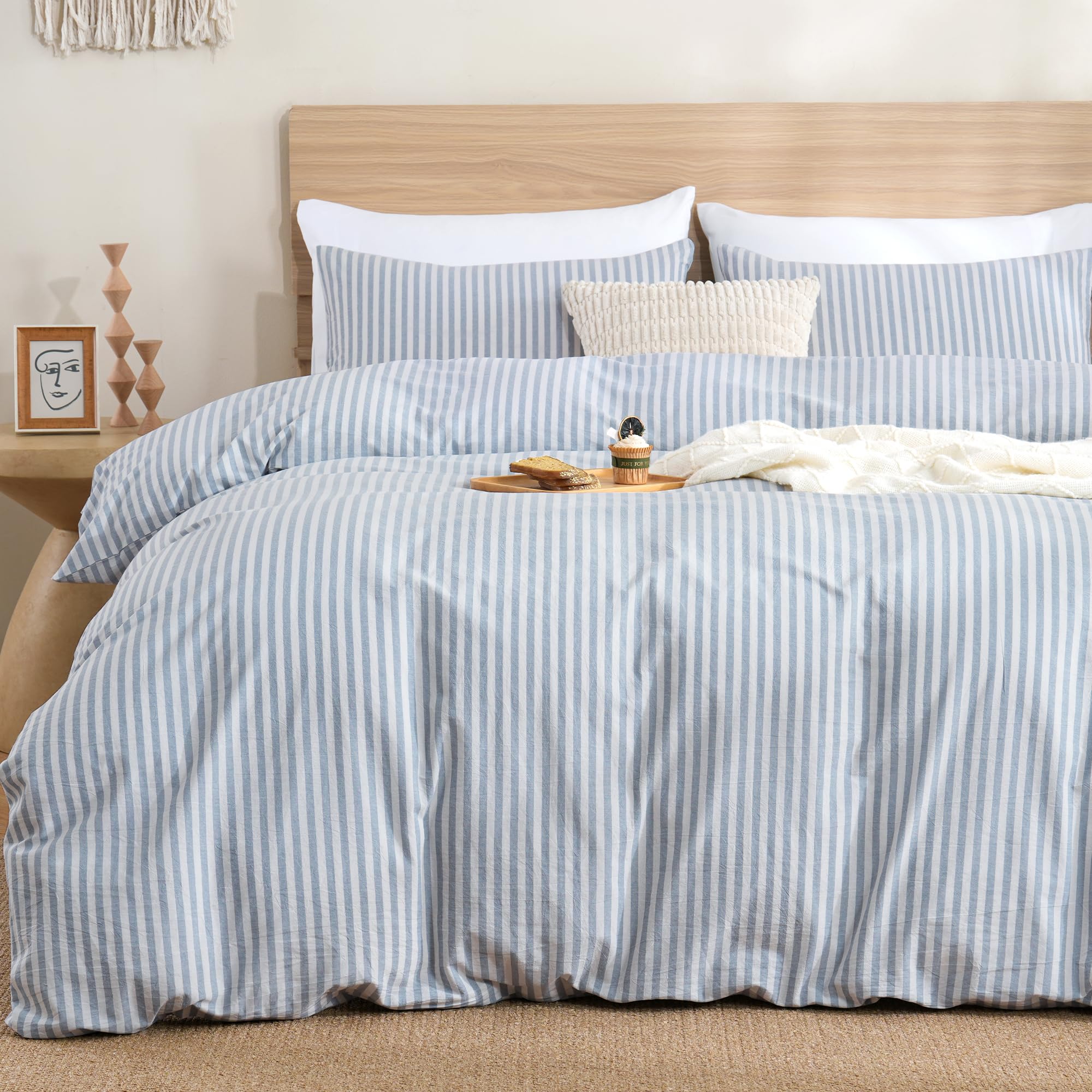 TOCOMOA Blue Striped Duvet Cover Set 100% Washed Cotton Like Linen, Queen