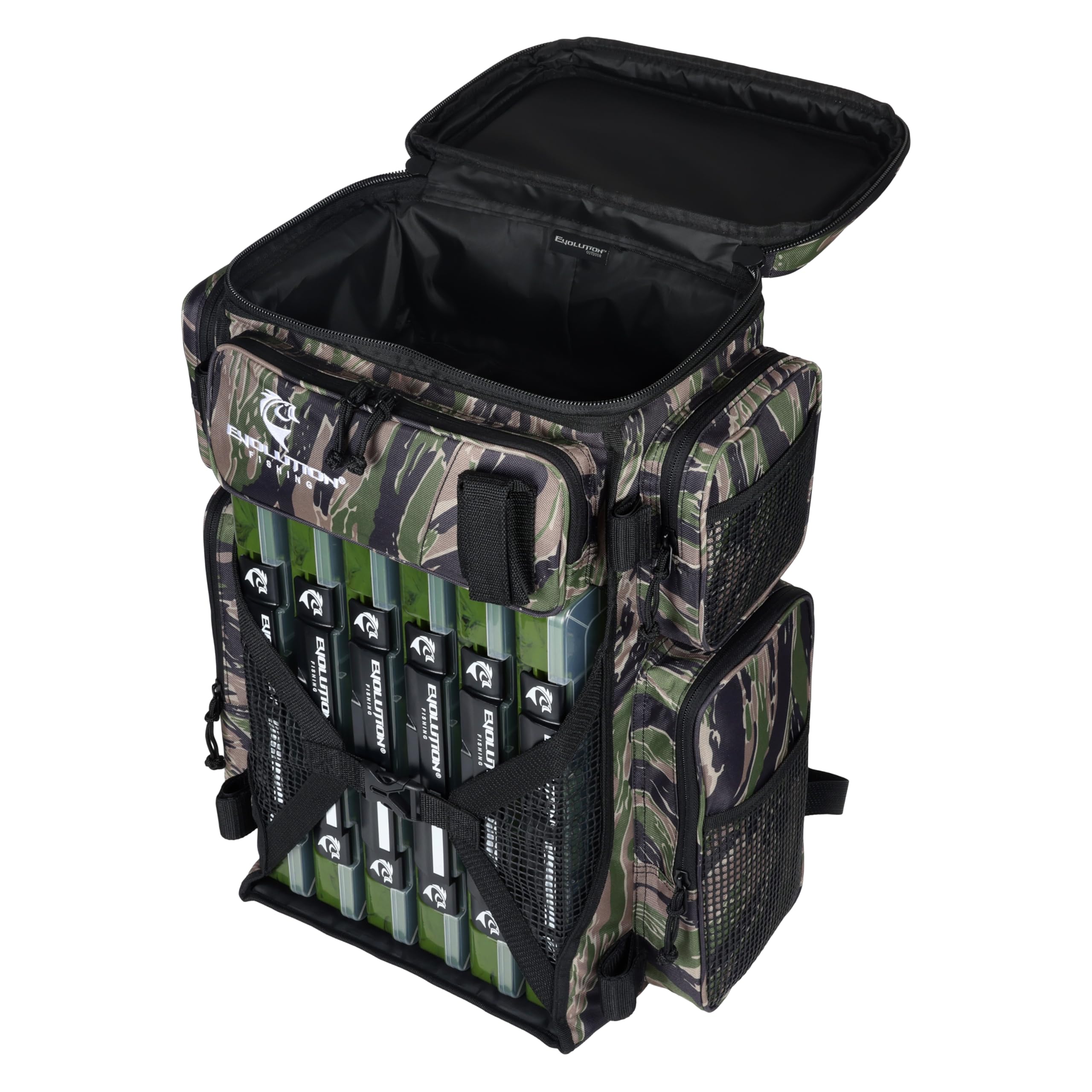 Evolution Fishing Drift Series 3700 Tackle Backpack with QuikLatch System & 2 Rod Holders – Tiger Stripe Camo, Heavy Duty Fishing Backpack w/ 6 Tackle Trays : Sports & Outdoors