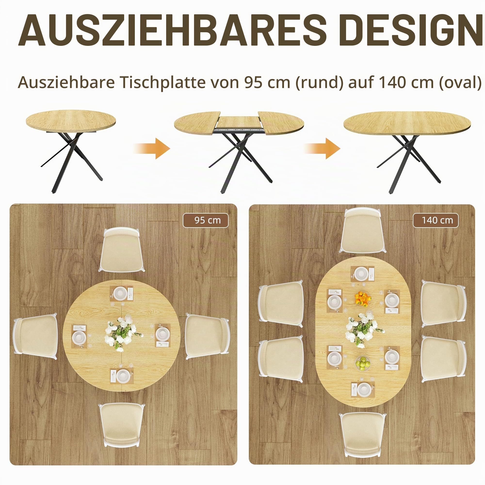Wildhome Der ausziehbare ovale Esstisch bietet Platz für 4-6 Personen, verfügt über eine Tischplatte mit natürlicher Holzmaserung, ist platzsparend, leicht zu reinigen und vielseitig (Naturholzfarbe)