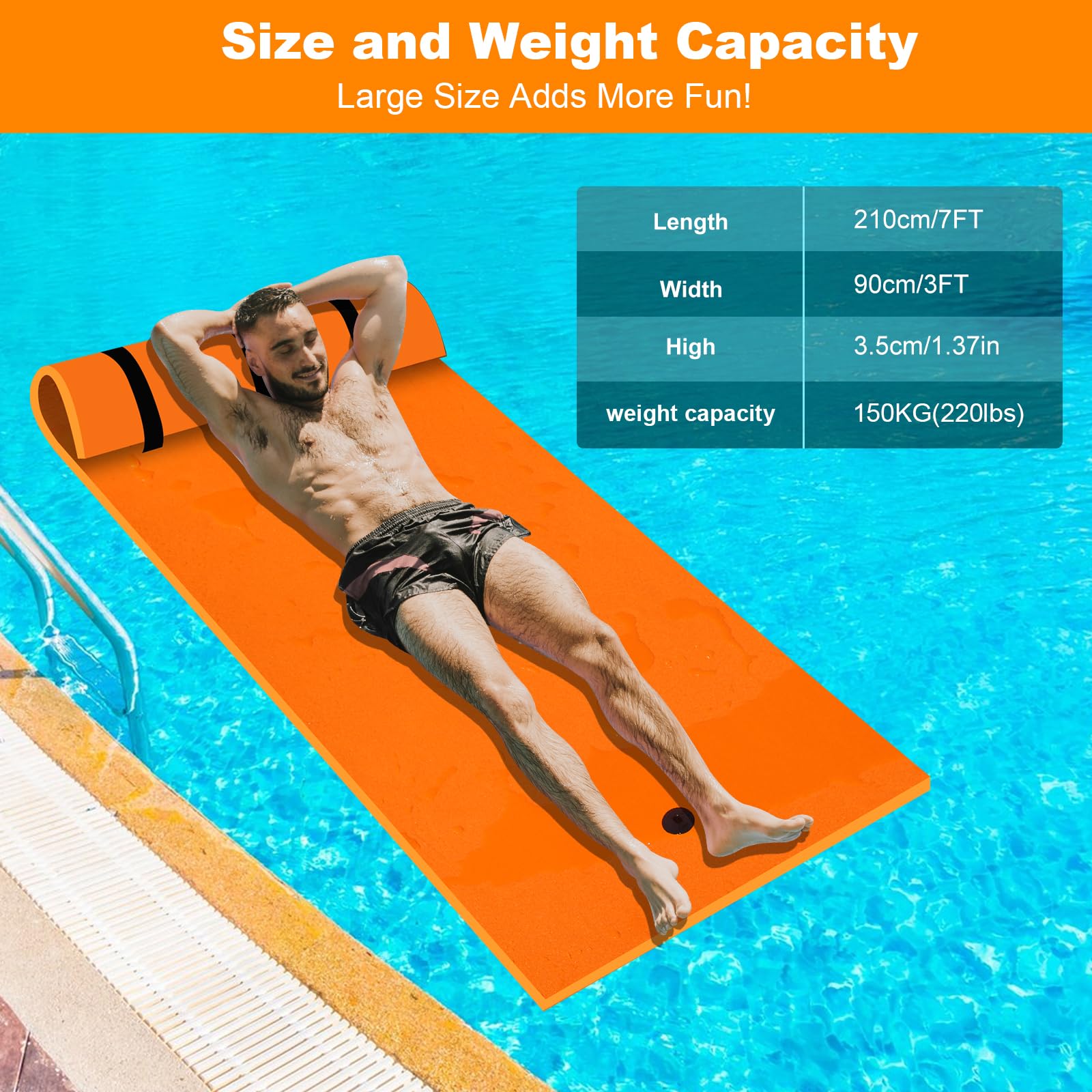 210 x 90 cm Materassino Galleggiante Mare - Tappetino Galleggiante in Schiuma XPE con Design Cuscino, Tappetino Galleggiante Avvolgibile Fino a 100 KG Gonfiabile Piscina per Laghi, Piscine