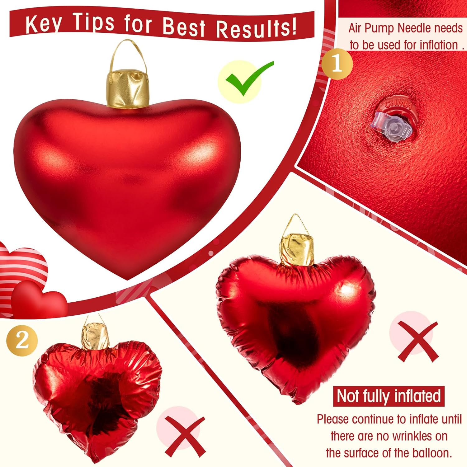 Jetec 4 Pcs 17" Valentine's Day Inflatable Ornament with Glitter Cloth Cover, Large PVC Heart Blow up Ornaments Blow Ball for Yard Outdoor Lawn Porch Decorations (Heart,Red,Pink)