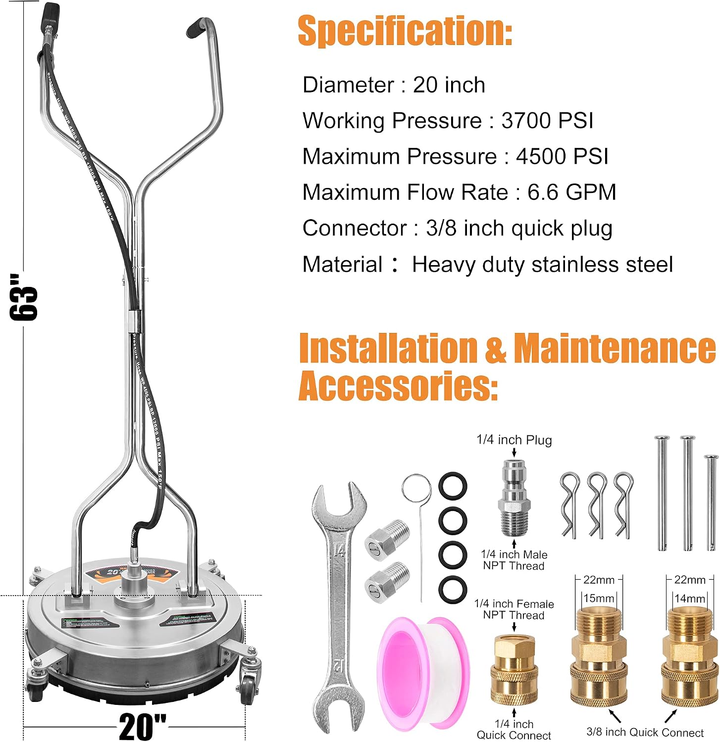 BEETRO Pressure Washer Surface Cleaner 20 Inch, Power Washer Cleaning Attachments Surface Cleaner for Driveway,Sidewalk,Deck, Patio Cleaning, 4500 PSI,Stainless Steel