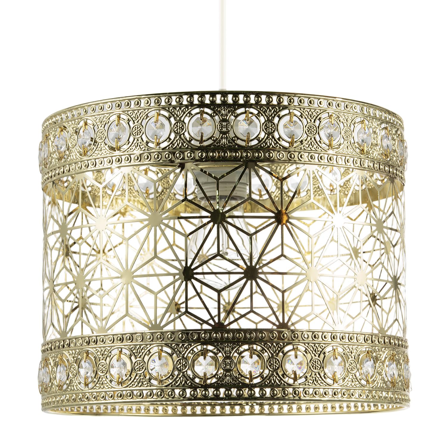 Classic Moroccan Ceiling Pendant Light Shade in Polished Gold with Clear Acrylic Beads | 28cm x 22cm | Laser Cut Hexagonal Stars by Happy Homewares