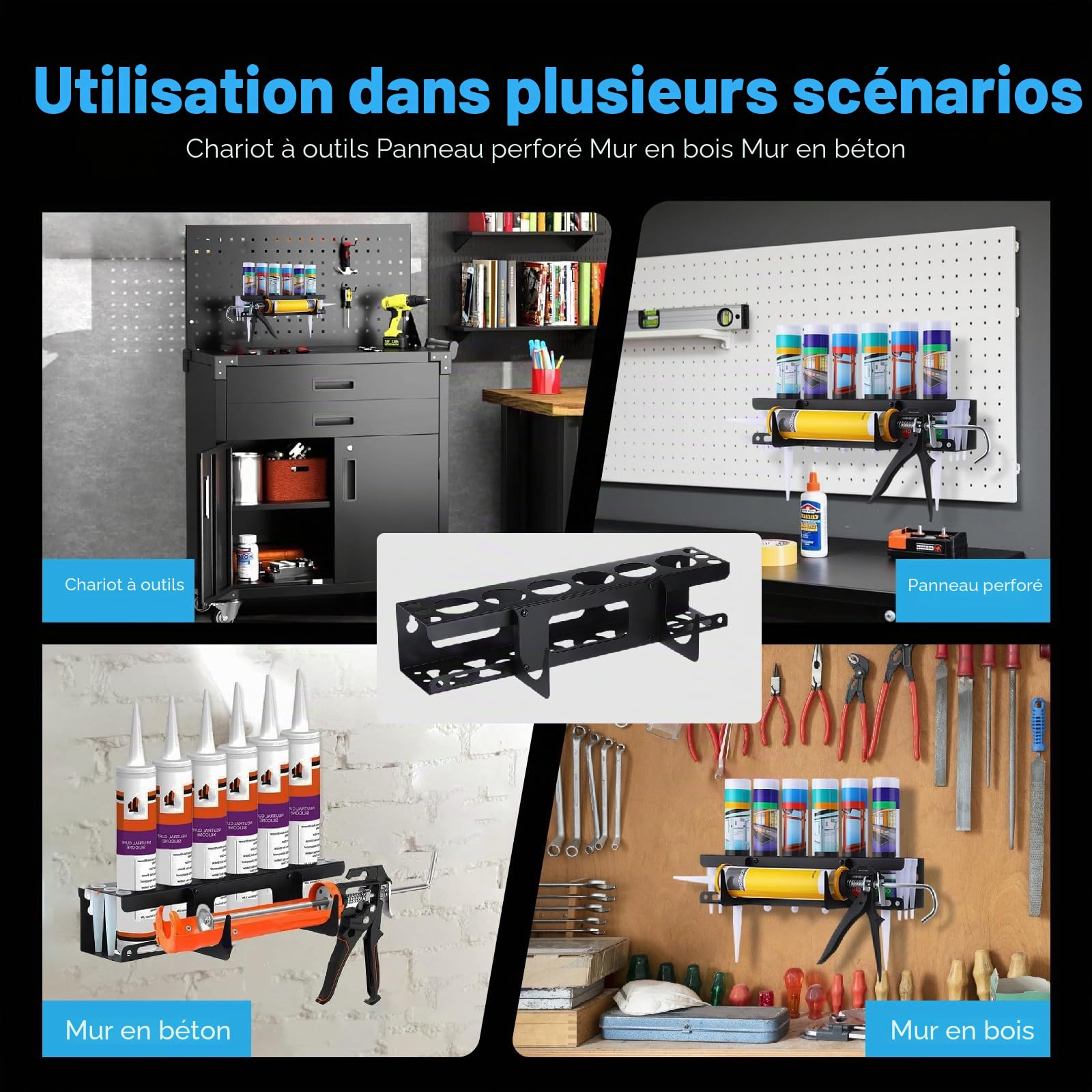 Polyvalent Support Aerosol, Support Cartouche Silicone Utilitaire, Support Mural pour Flacon Pulvérisateur, 6 Trous Pour Tubes en Silicone，Pot Rack Studio Pour Garage, Atelier et Maison