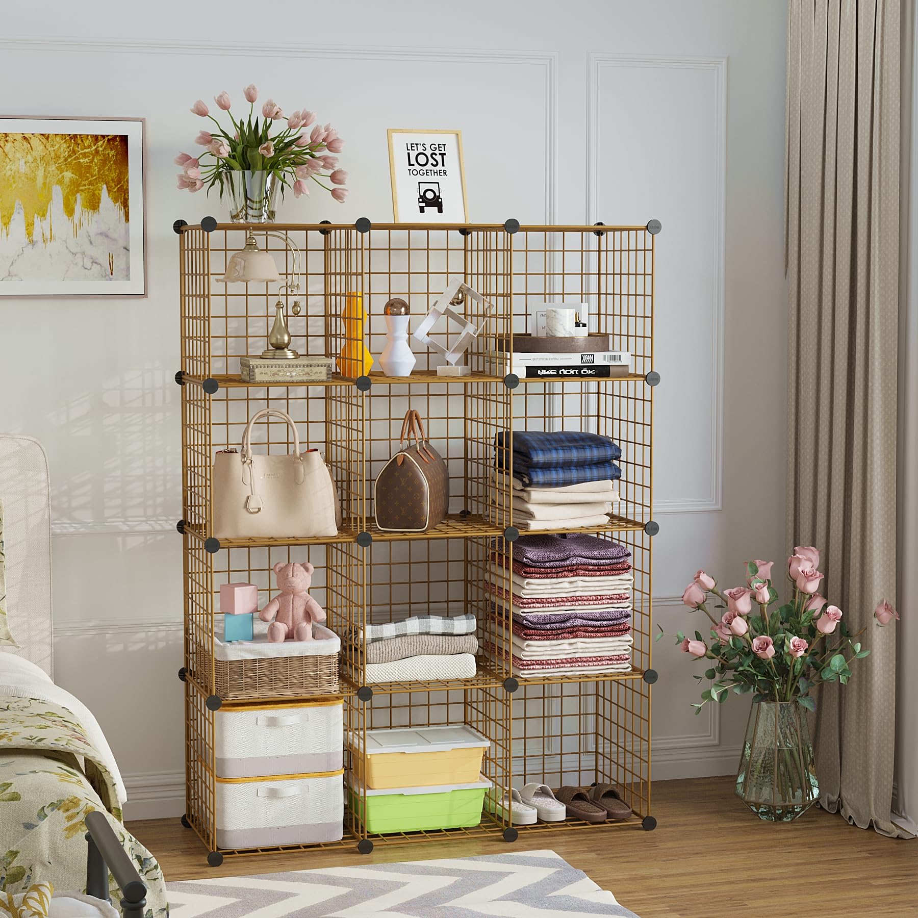 C&AHOME Drahtwürfel-Aufbewahrung, 12 Würfel-Organizer, C-Gitter, modulare Regale, Schrank-Organizer, ideal für Zuhause, Büro, Wohnzimmer, 91 cm L x 32 cm B 122 cm H, Braun UWCS3012R