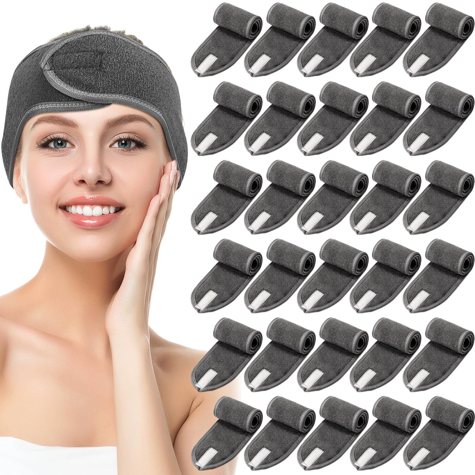 Hoteam Spa-Stirnband, Spa-Gesichts-Stirnband, Spa-Stirnband, Großpackung zum Waschen von Gesicht, Make-up, Stirnband für Dusche, Bad, Sport, verstellbares Handtuch mit Klettverschluss (Silbergrau)