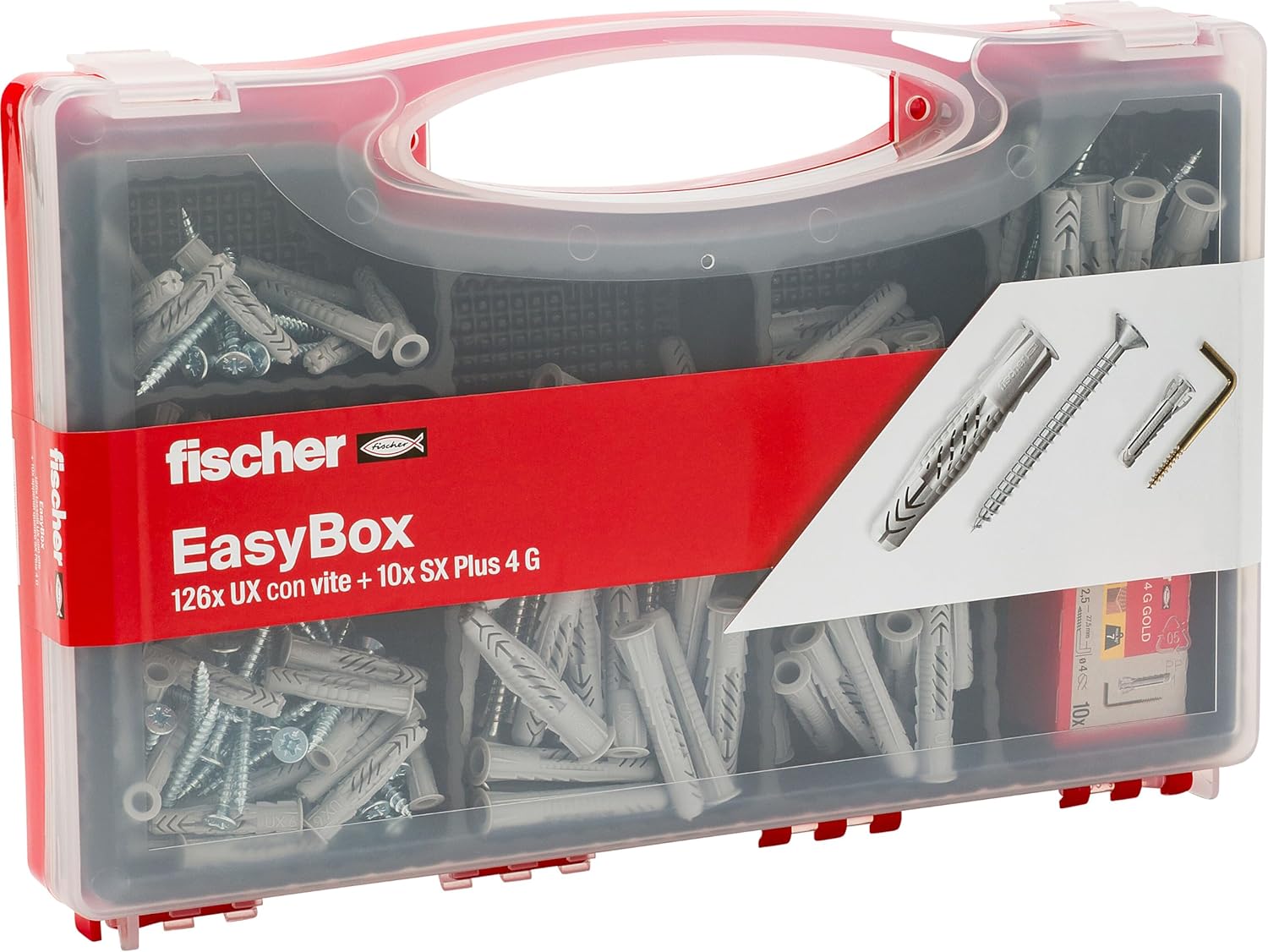 Fischer 513433 Kit Easy Box Assorted Dowels and Screws for Mounting on Murature Full, Grey, Set of 136 Pieces