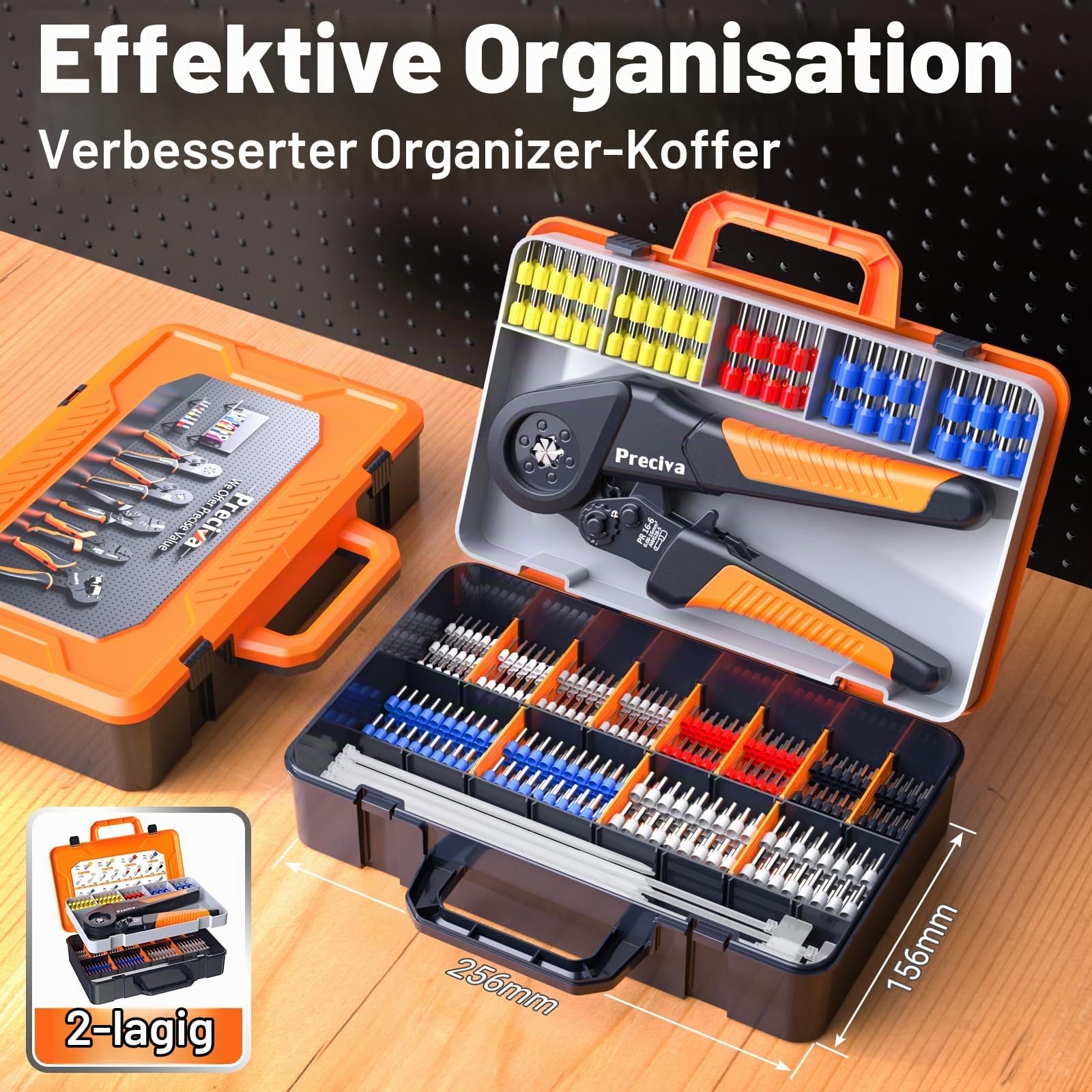 Preciva Sechskant Crimpzange 0.08-16mm² Aderendhülsenzange mit Aufbewahrungsbox + 1500 Stück Aderendhülsen + 100 Stück 15cm Kabelbinder + 50 Stück Kabelbinder mit Beschriftungsfeld
