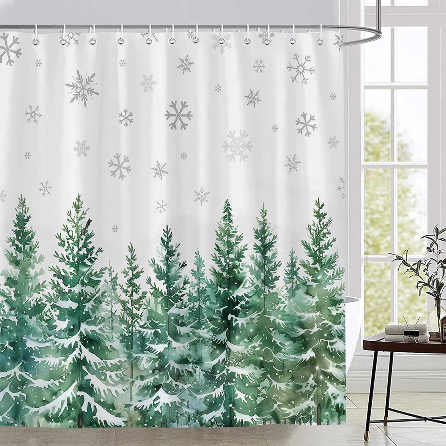 Winter Forest Shower Curtain Christmas Snowflake Green Pine Tree Fir Natural Watercolor Forestry Xmas Polyester Fabric Bathroom Decor Set with Hooks 70X90 Inch