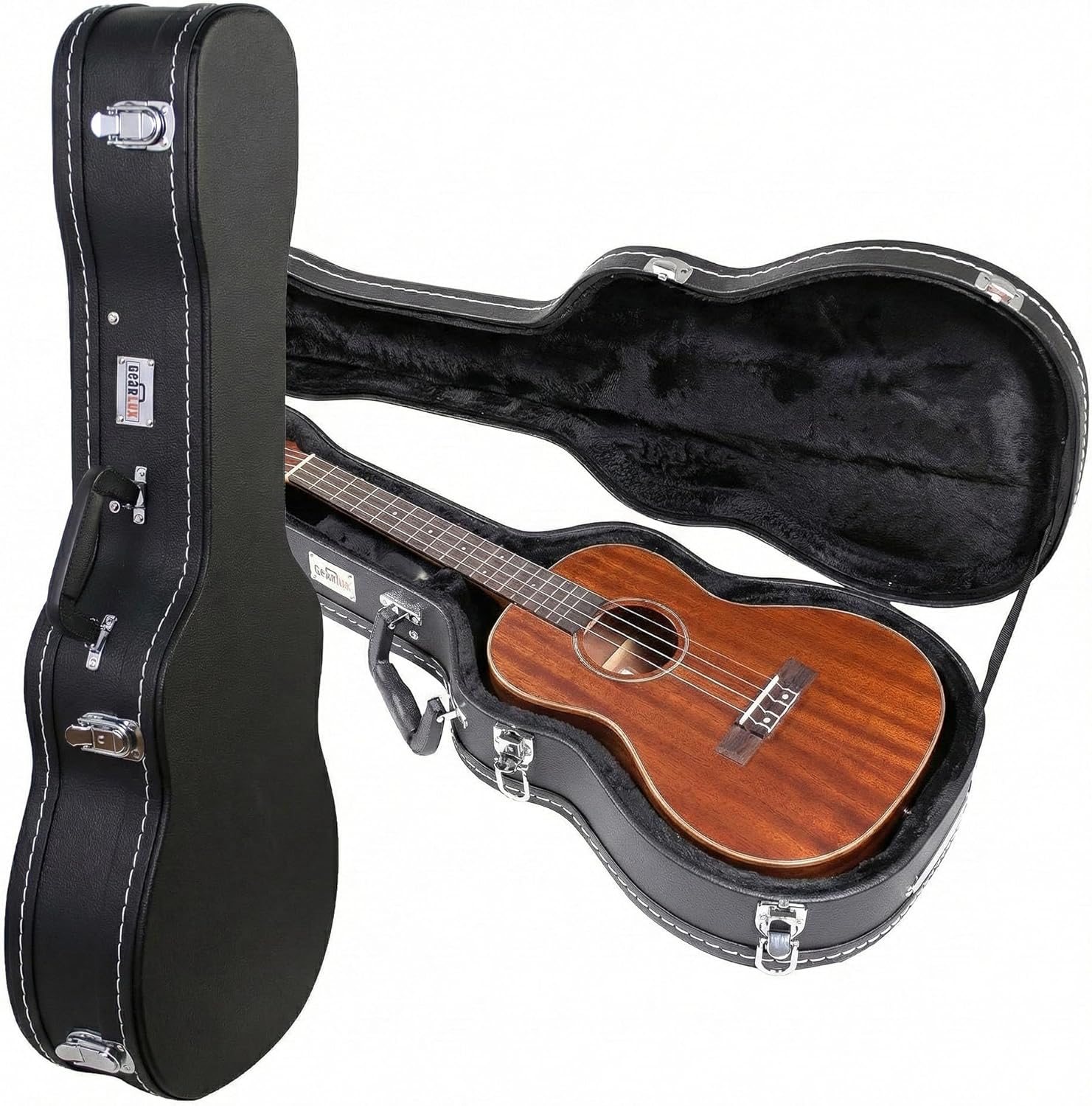 Gearlux Wooden Tenor Ukulele Case with Exterior Lock and Key, PVC Handle, and Plush Interior Padding - Black
