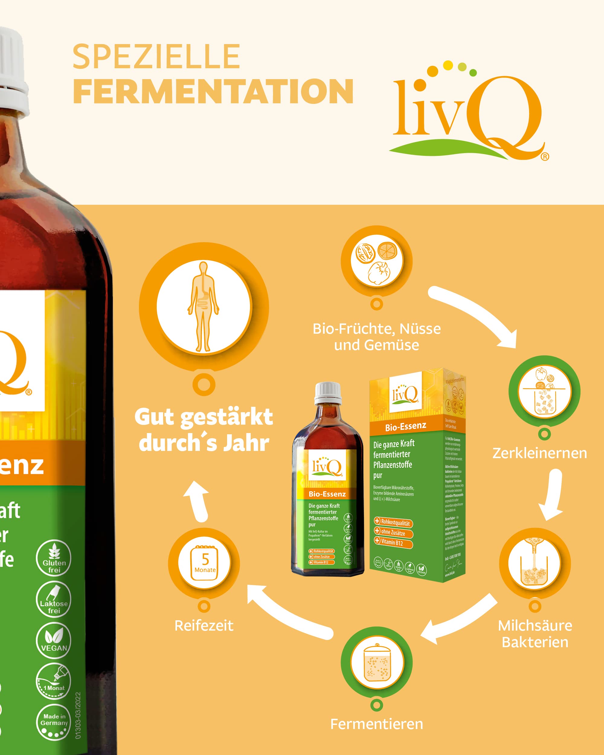 livQ Bio-Essenz pur | Fermentiert | vegan | rohkost | 4 x250ml Konzentrat | Vit. B12 aus der Fermentation mit Milchsäurebakterien • fruchtig-sauer • Früchte + Nüsse + Gemüse • 4 Flaschen für 4 Monate