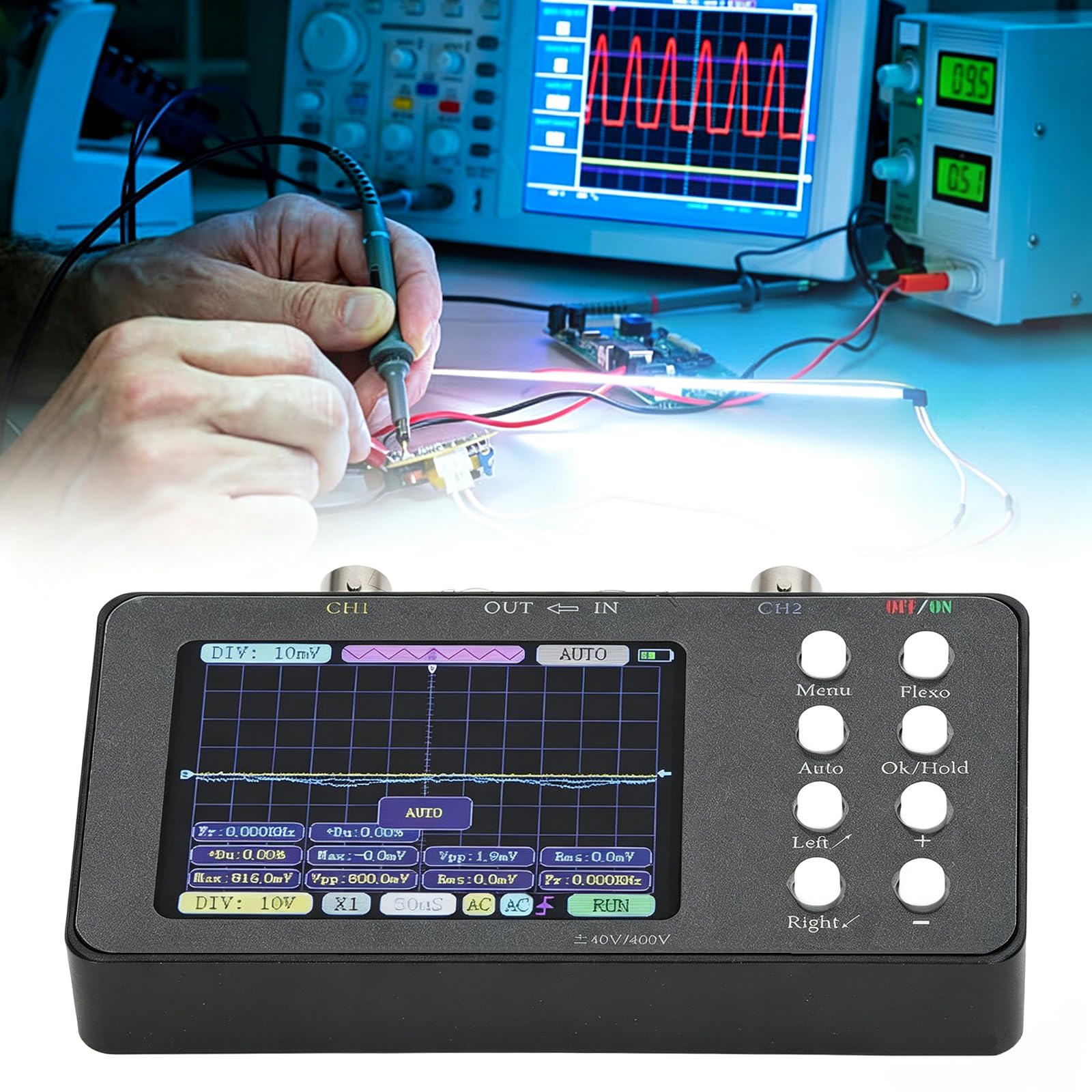 Fyearfly Osciloscopio de Doble Canal, Multímetro de Osciloscopio Digital Generador de Señal Portátil de 2 Canales Ancho de Banda de 2Mhz con Pantalla LCD Retroiluminada + Pinza de Cocodrilo