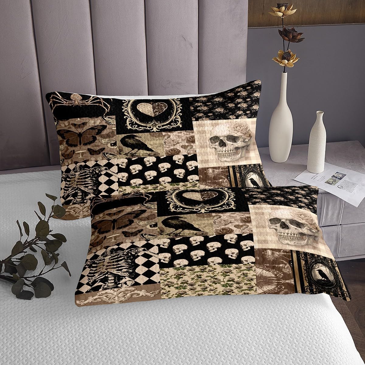 Boho Skeleton Bedspread Queen Size,Gothic Crow Moth Pattern Bedding Set,Black Brown Grid Patchwork Comforter Set for Kids Teens Girls Boys Room Decor,Vintage Hippie Style Quilt Coverlet 3Pcs
