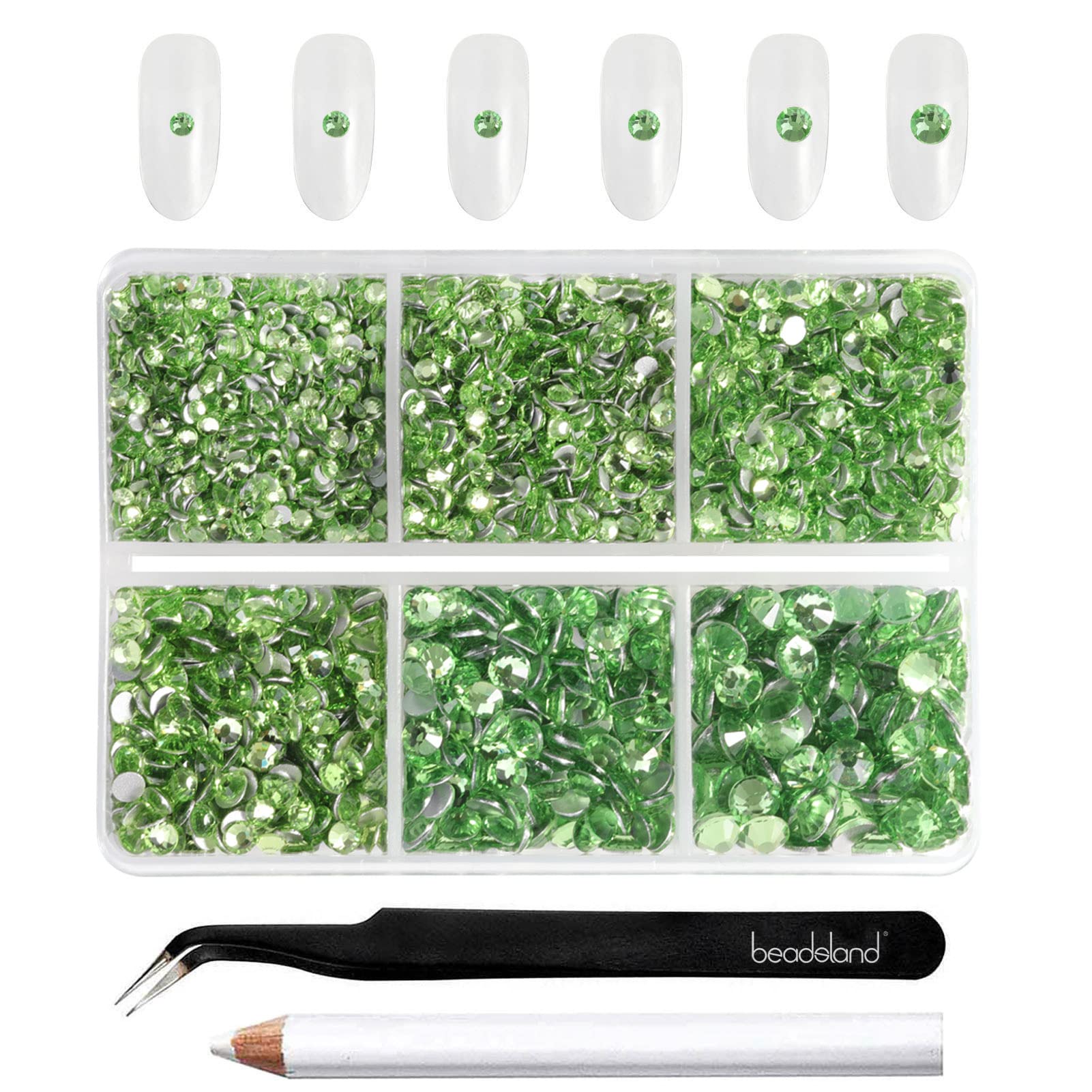 Beadsland Flatback Rhinestones, Light Green, Mixed 6 Sizes 4300pcs