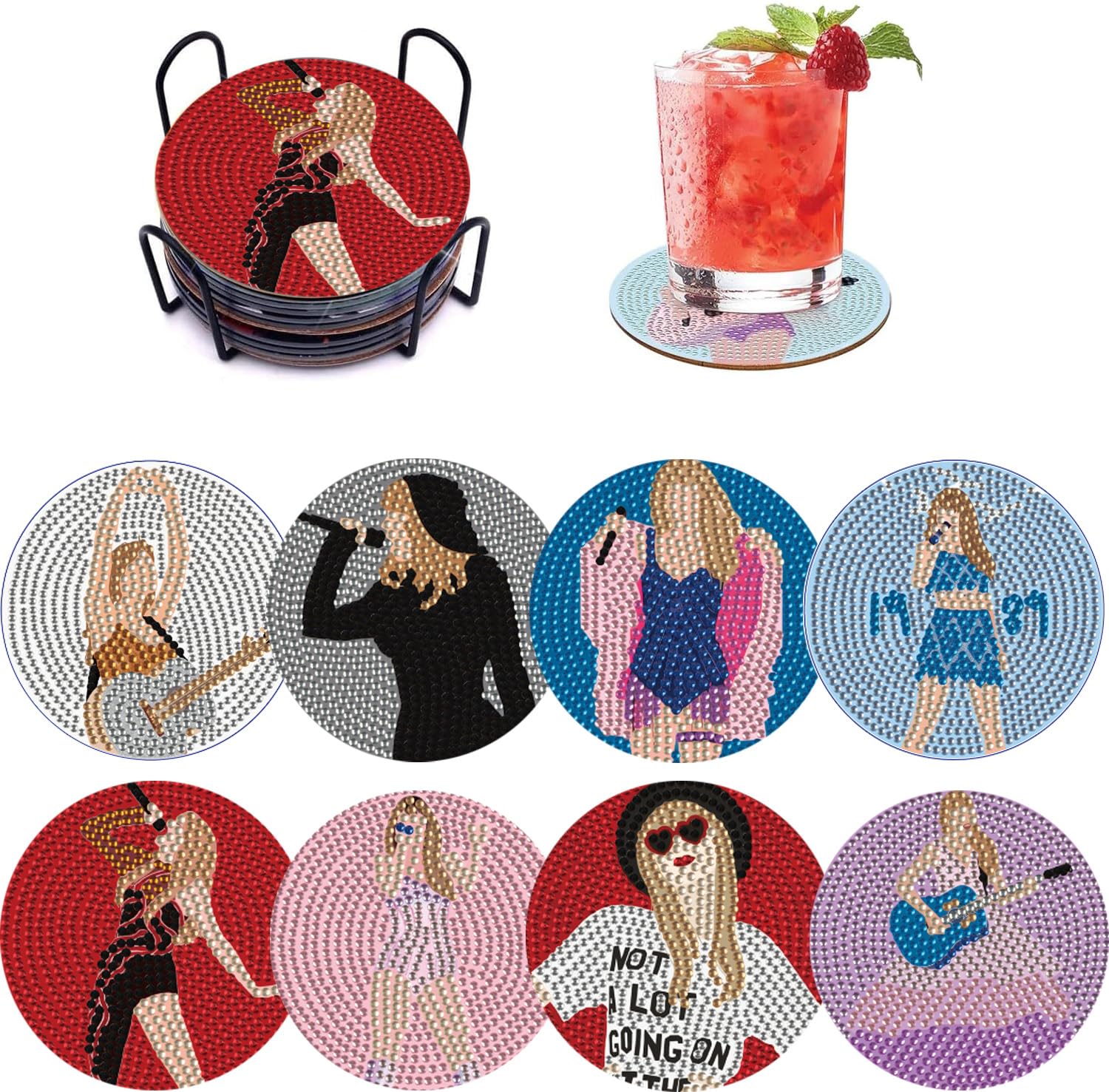 8 PCS Singer Diamond Art Coasters Kits, Pop Star Diamond Painting Coasters with Holder Set of 8, DIY Drink Coasters Art Crafts Supplies for Adults Cup