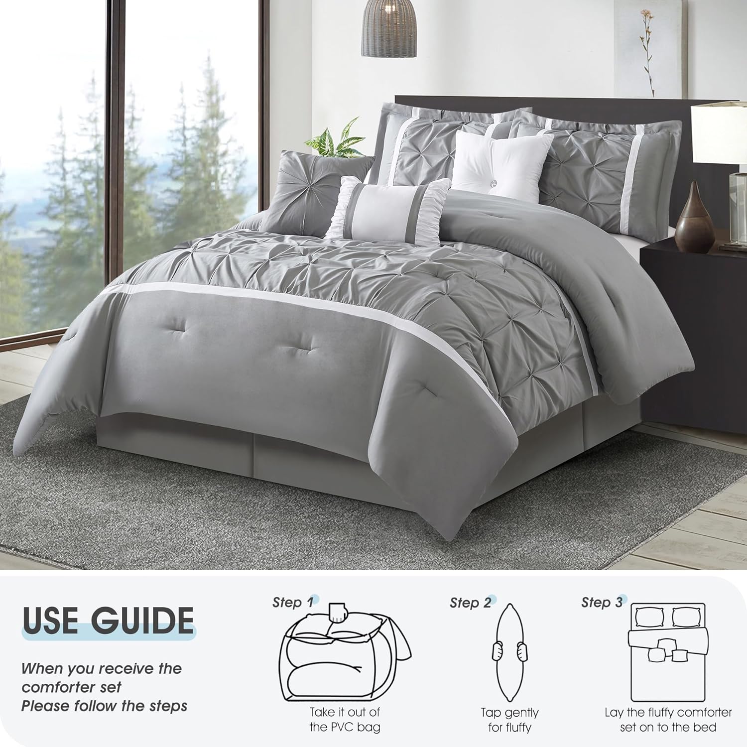 Grey Comforter Set, Queen, 7 Piece Bed in a Bag, Microfiber Handcrafted Pintucking, All Season Bedding Set with Comforter, Bedskirt, Pillow Shams and Decro Pillows - Image 6