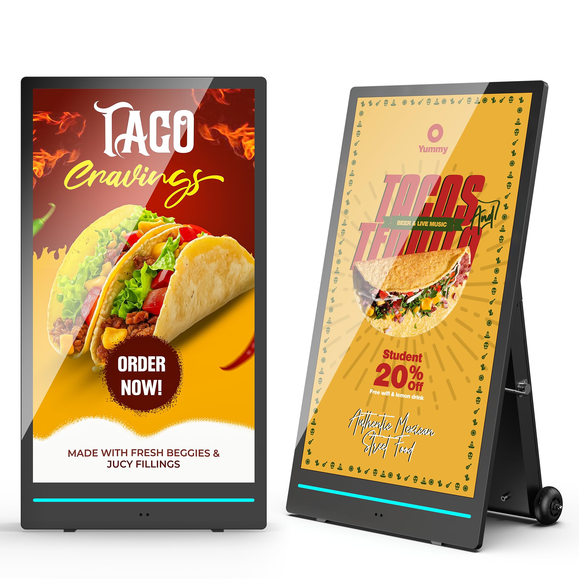 55'' Pantalla Publicidad Exterior Alta Luminosidad 2000Nits, Digital Signage Display Móvil con Baterías Recargables y Ruedas, IP65 Resistente, para Restaurante, Food Trucks, Puestos Callejeros