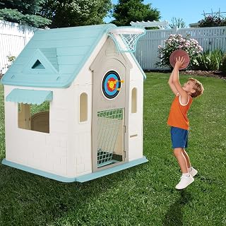 Garvee Kids Playhouse Cottage 4-in-1 Indoor Toy House Ages 3-8 | with Basketball Hoop, Magnetic Dartboard, Soccer Goal & Ring Toss Spacious Durable Plastic for Indoor/Outdoor