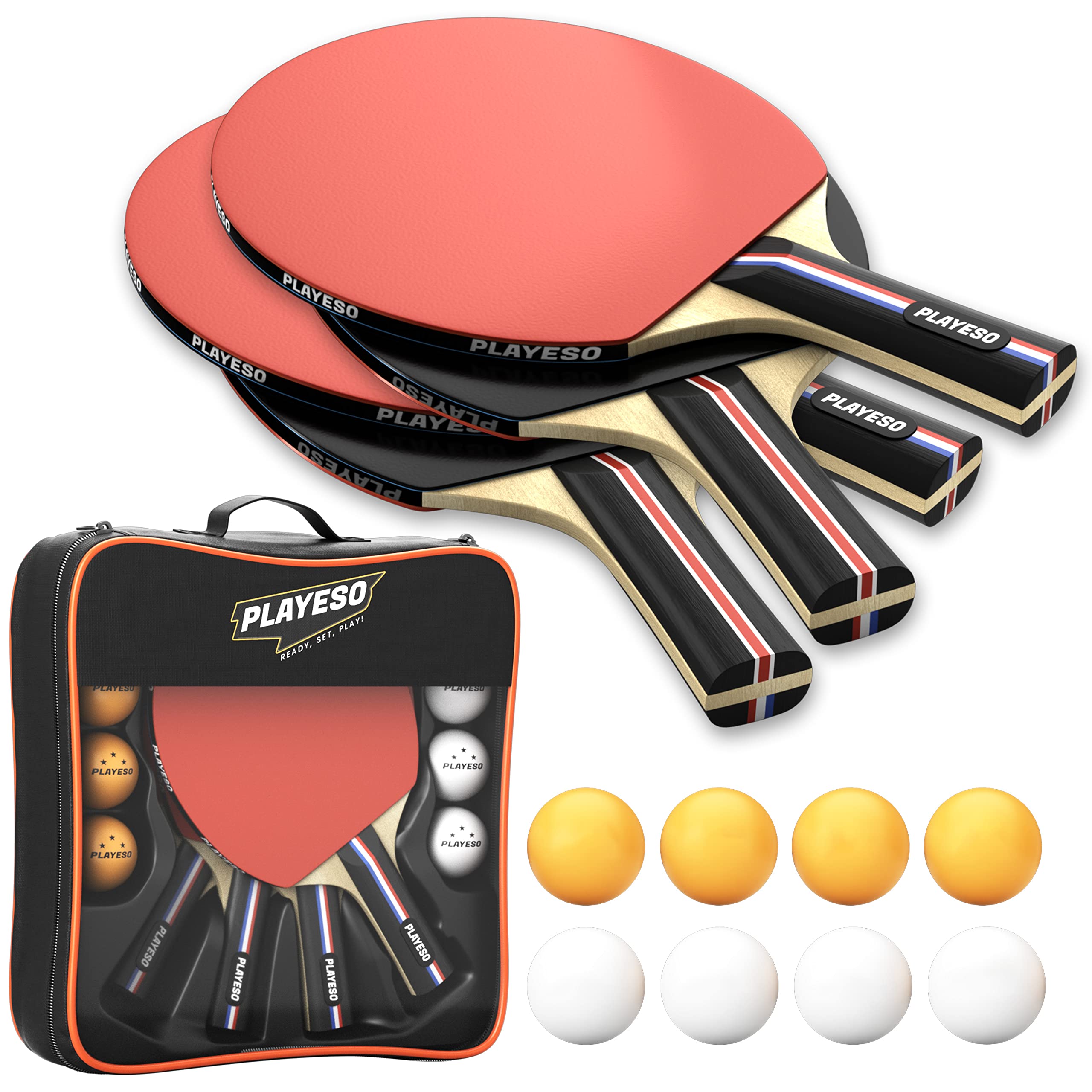 Playeso Table Tennis Set - Pack of 4 Bats, 8 Ping Pong Balls with Compact Storage Bag Suitable for Player eBook included, Orange, White, Red, Black