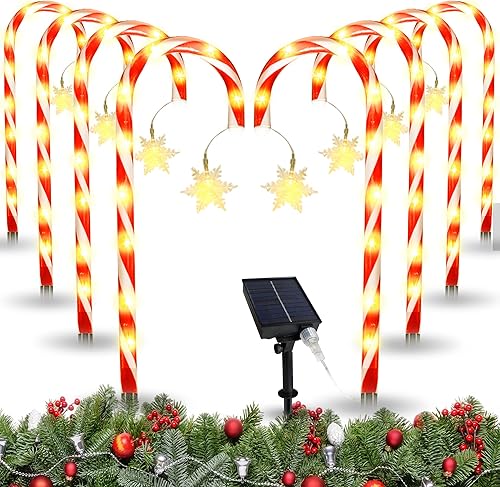 Miniatura 9 de Ziqianhard - Luces de camino de bastón de caramelo de Navidad, paquete de 8 luces solares de Navidad para paisaje, decoraciones de Navidad de 8 pies
