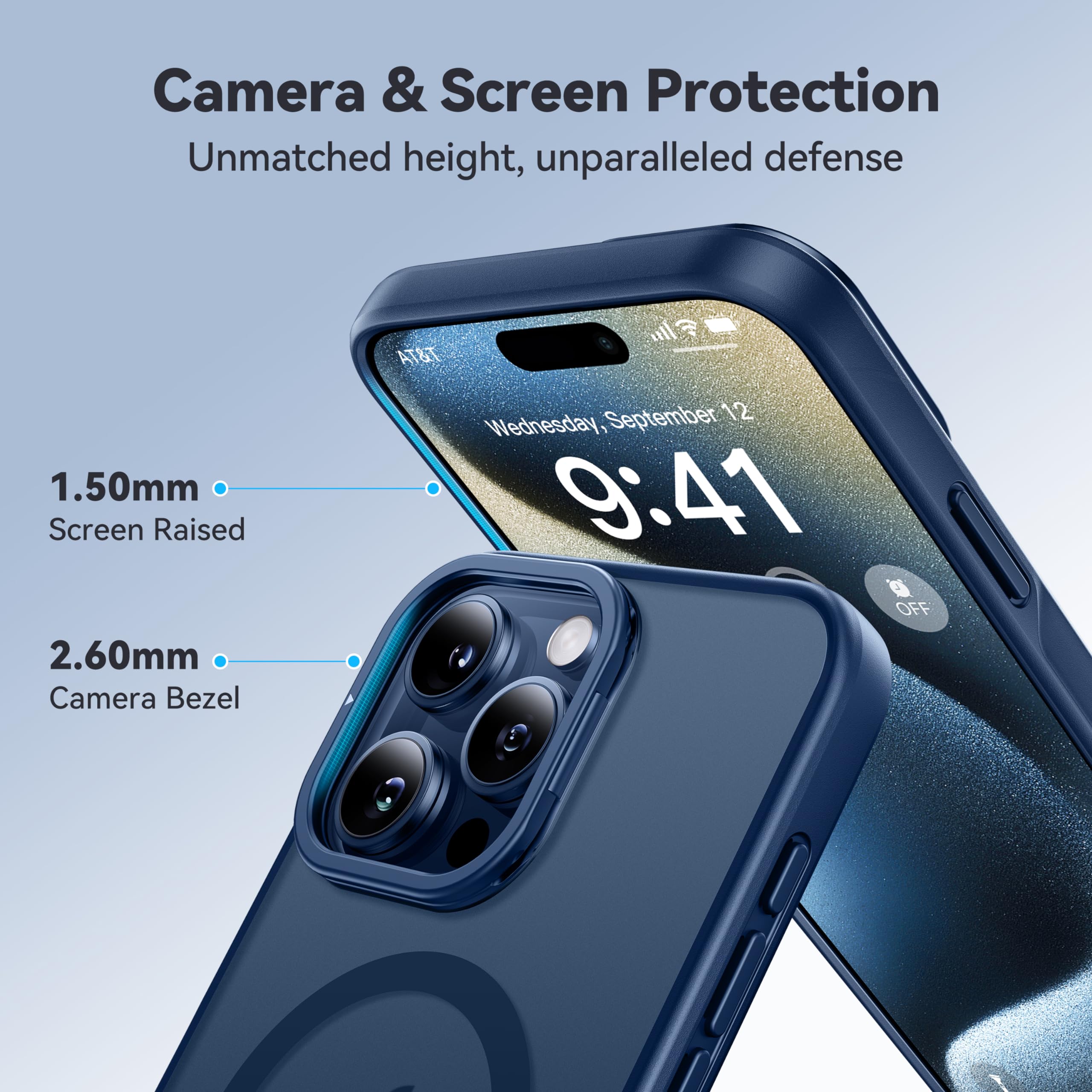 CASEKOO 2024 Upgraded Magnetic Invisible Lens Stand for iPhone 15 Pro Max Case [Military Drop Protection] [Compatible with MagSafe] Matte Translucent Slim iPhone 15 ProMax Case 6.7'', Blue