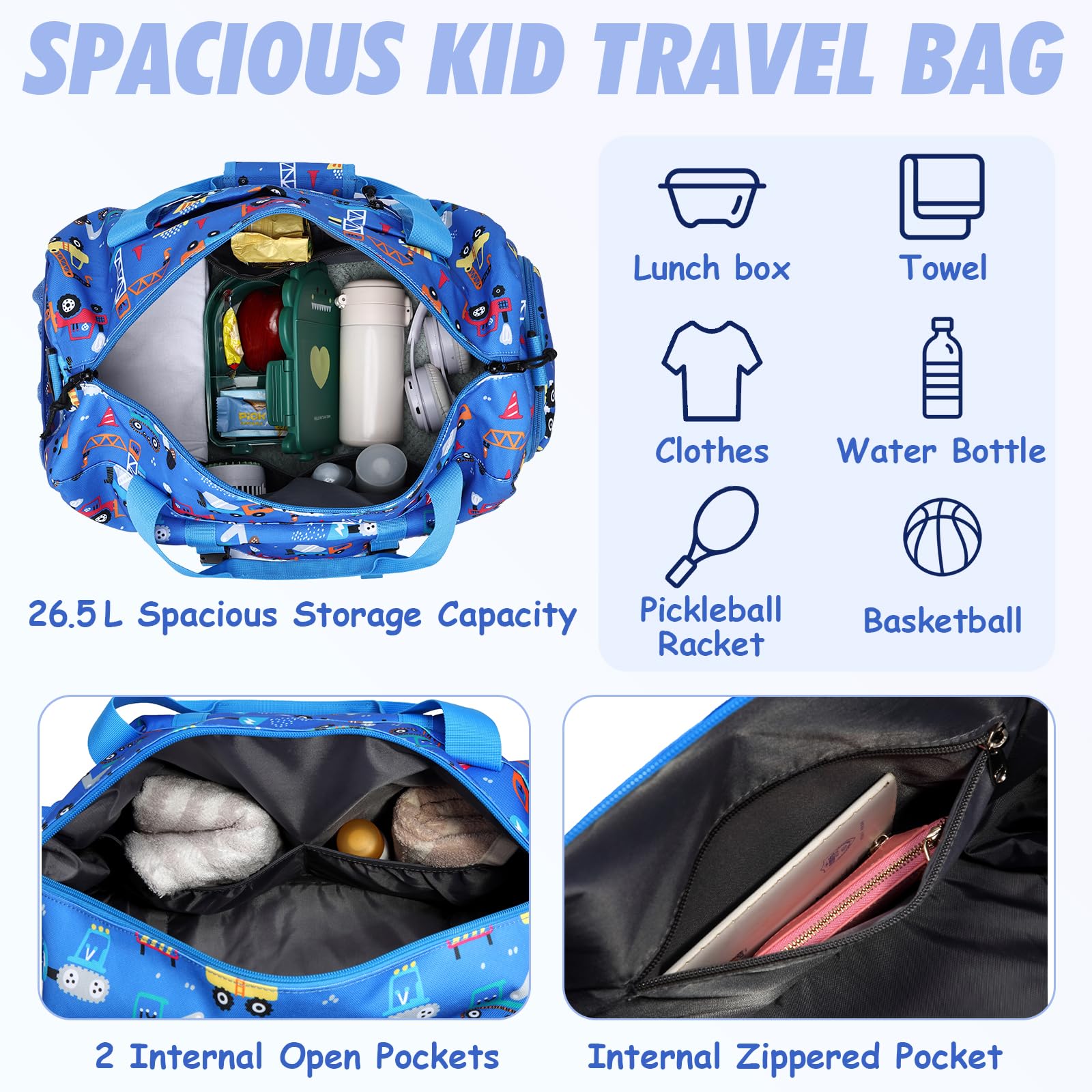 Bolsa de Viaje Infantil, Kasgo Bolsa Deporte Niño Bolsa Danza Niña Ligero Bolso de Fin de Semana con Compartimento de Calzado Impermeable Bolsas de Hombro para Gimnasio Atlético Cámping, Carro Azul