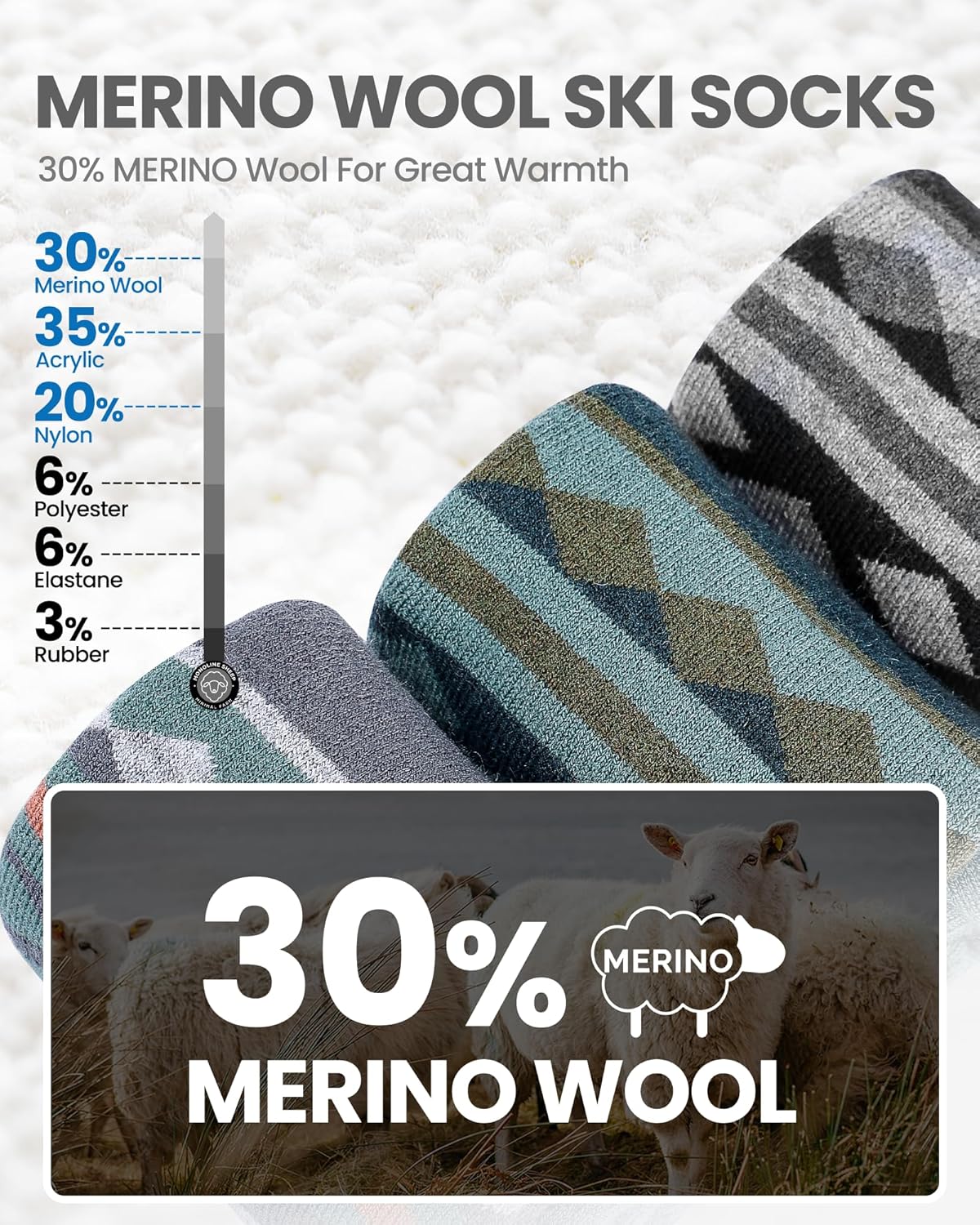 OutdoorMaster Merino Wool Ski Socks for Men & Women, Unisex Thermal Winter Warm Snowboarding Socks for Cold Weather - Image 2