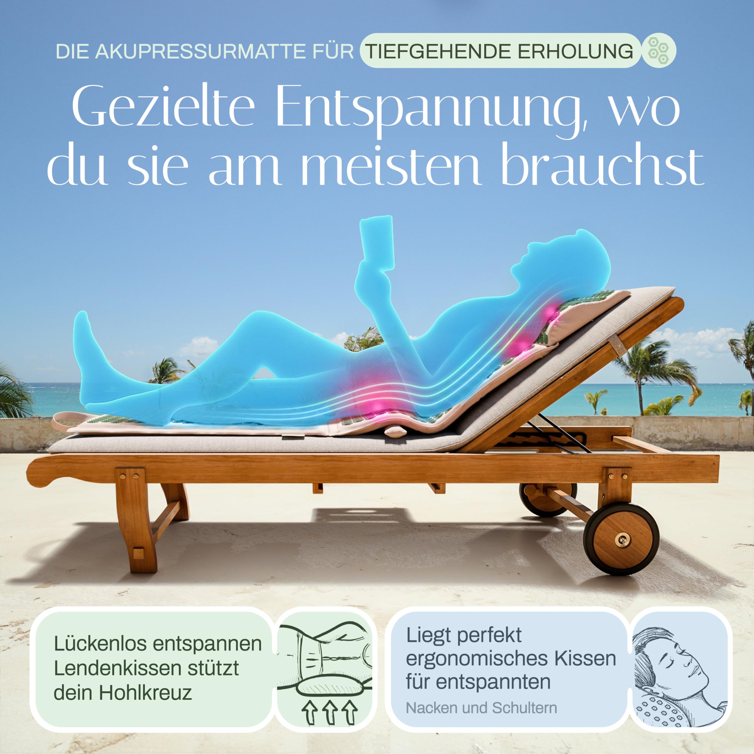 Akupressurmatte XL, Set mit Kissen & Lendenrolle, Ganzkörper
