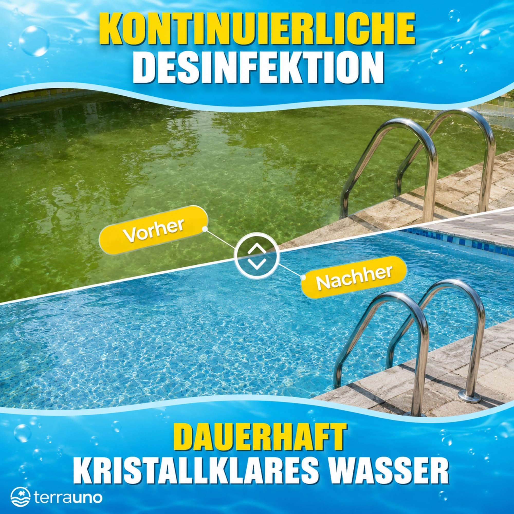 TerraUno Mini Chlortabletten Pool 1 kg, 20g Multitabs 5 in 1 langsamlöslich, Multifunktionstabletten mit Langzeitpflege für Pools, Planschbecken und Whirlpools, Aquamarin für kristallklares Wasser