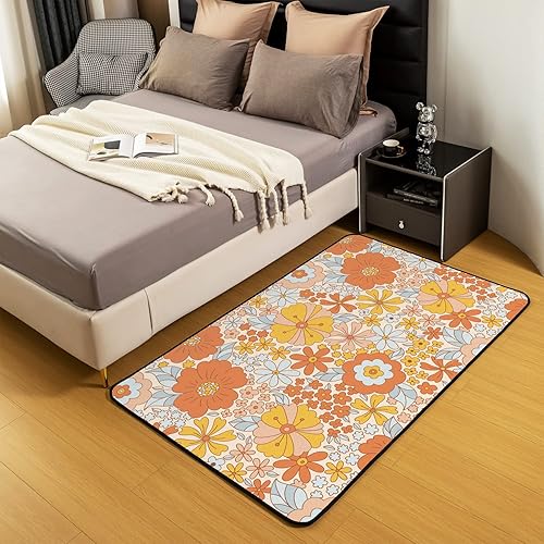 Miniatura 5 de Alfombra de área de flores hippie de 5 x 7 pulgadas, 60S y 70S, con flores retro, para sala de estar, dormitorio, decoración del hogar, flores