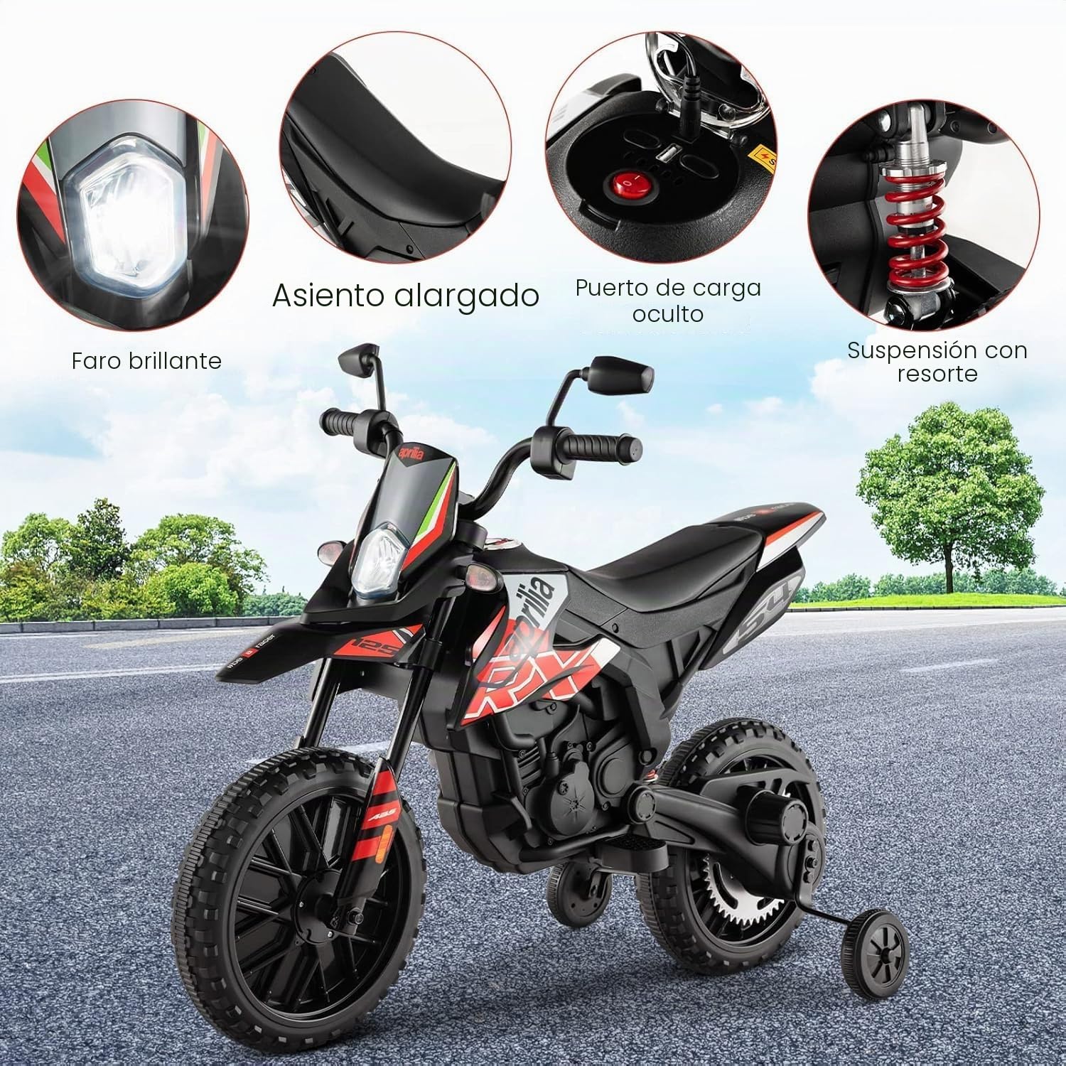FANTASK Aprilia 12V Motocicleta Eléctrica Infantil 5,5-6 km/h, Motocicleta Infantil con Estabilizadores y Música y Faros, Rojo y Negro Motocicleta para Niños de 3 a 8 Años, Rojo