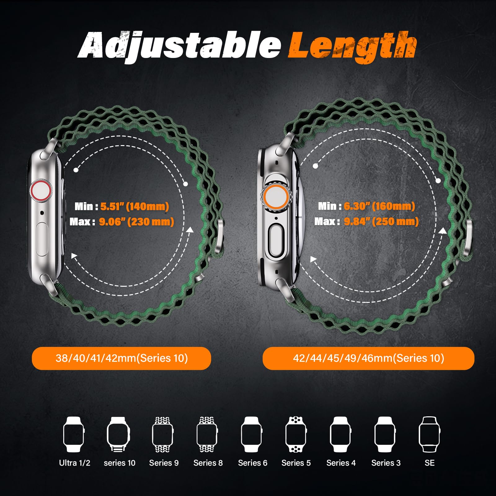Nylonowy, sportowy pasek do zegarka iWatch Series 10, SE, 9, 8, 7, 6, 5, 4, 3, 2, 1, Ultra, 2/Ultra, do Apple Watch 40 mm, 38 mm, 39 mm, 41 mm, 42 mm, 44 mm, 45 mm, 46 mm, 49 mm, dla mężczyzn i kobiet