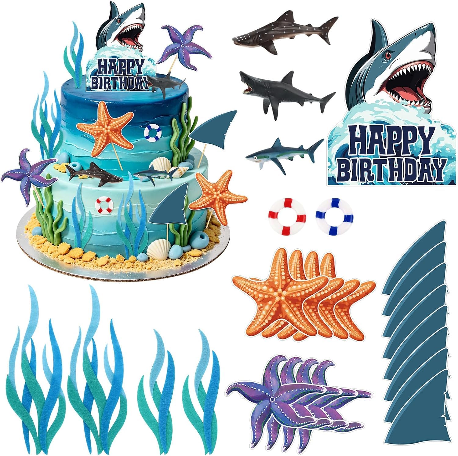 26 PCS Dinosaur Cake Toppers With Eggs Leaves Trees Cake Decorations For Birthday Party,Dinosaur Themed Wild Animals Party Cake Decorations (Shark)
