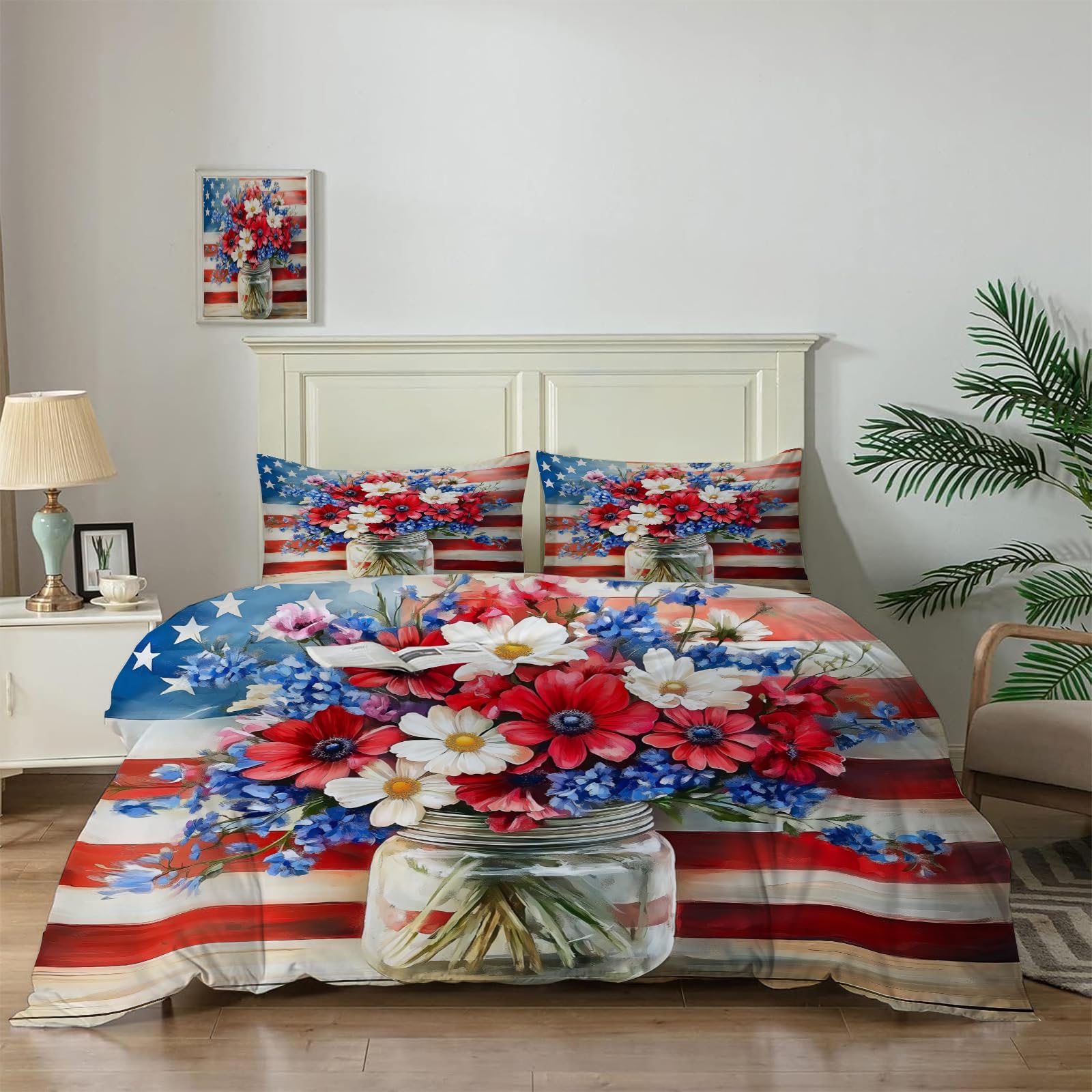 Parure de lit réversible 3D drapeau américain floral et microfibre avec 2 taies