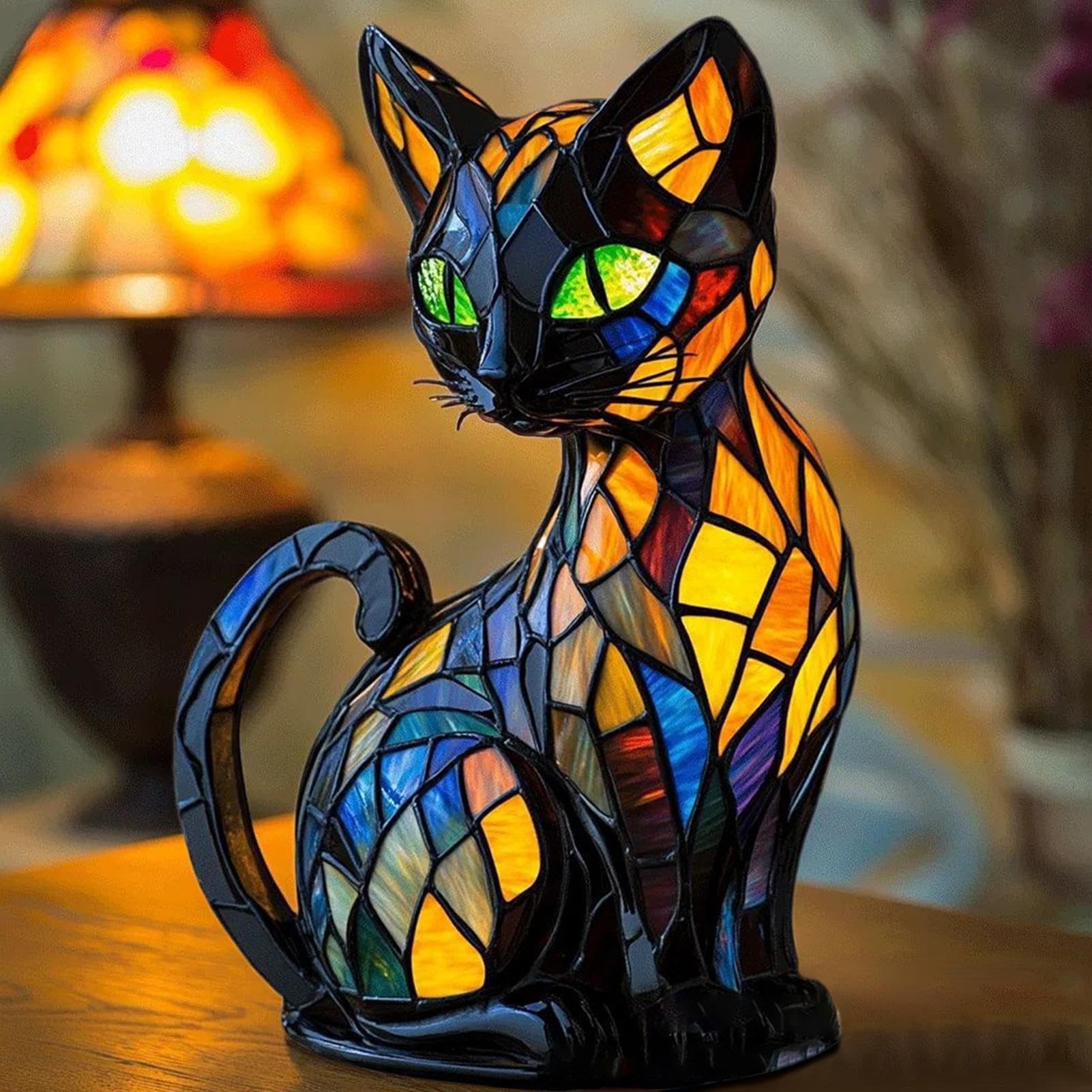 Arroopu Animal Stained Glass Lamp, Luminous Cat Lamp, Vintage Cat Lamps Stained Glass, Cats Lamps for Cats Lovers, Handmade Resin LED Animal Bedside Table Night Light, Halloween Christmas Decorations