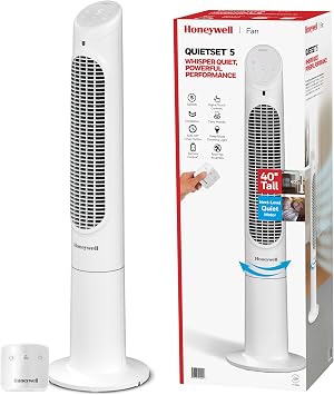 Honeywell 40" Quiet Set Oscillating Tower Fan, 30ft Air Circulation Power, 5 Speed, Remote, LED Display, White, HYF265W
