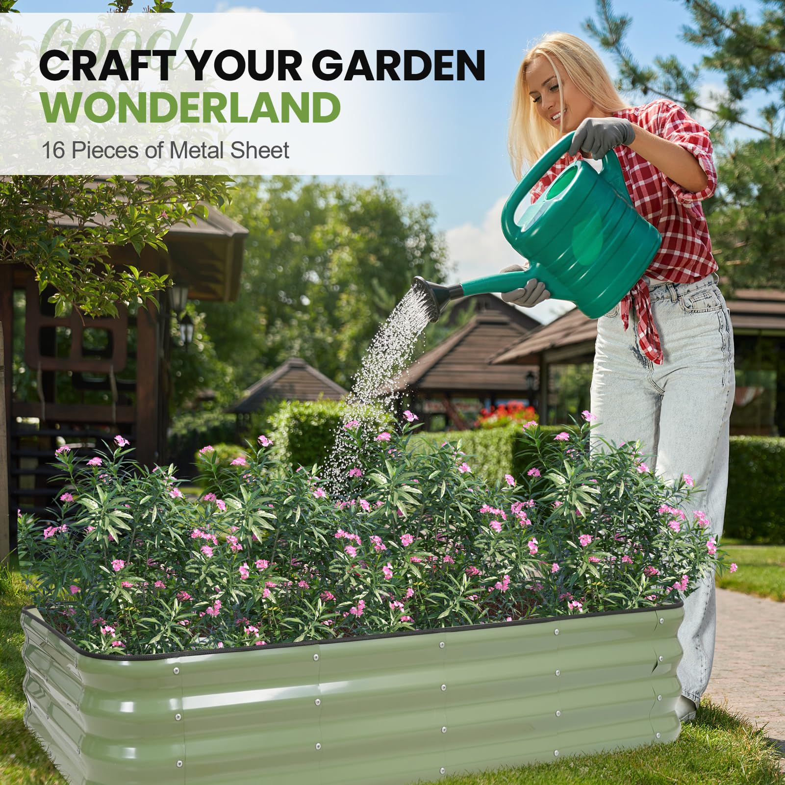 Jardinière surélevée réglable 4 en 1, vert | Jardinière surélevée en métal avec bordure de sécurité et gants pour légumes, fruits, fleurs.